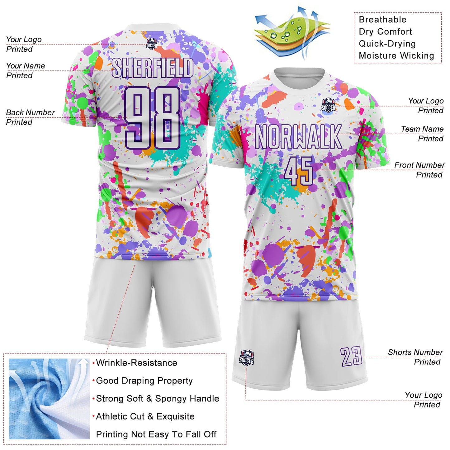 Custom Graffiti Pattern White-Purple Paint Splatter Sublimation Soccer Uniform Jersey view 4