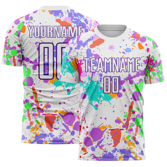 Custom Graffiti Pattern White-Purple Paint Splatter Sublimation Soccer Uniform Jersey - Main View