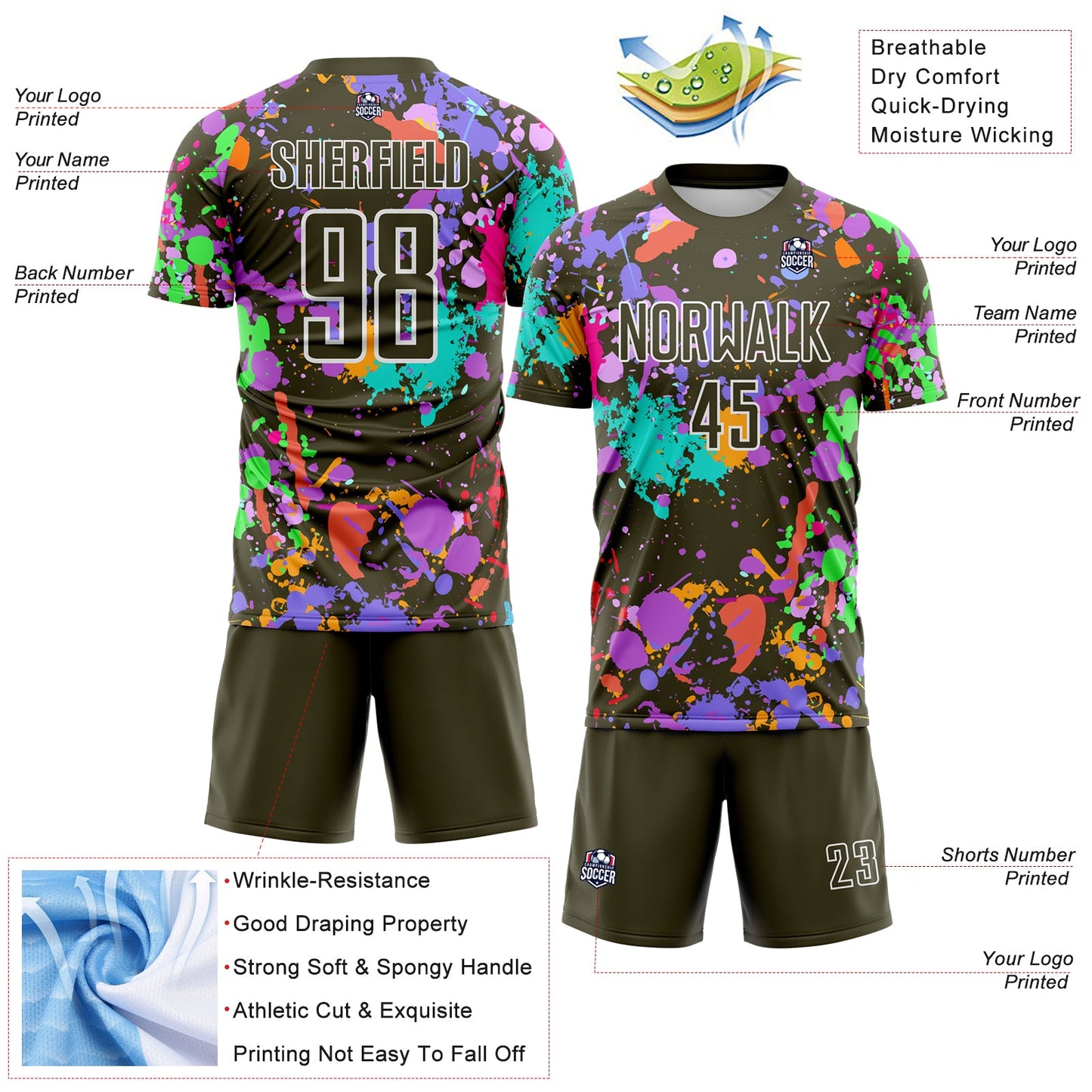 Custom Graffiti Pattern Olive-White Paint Splatter Sublimation Soccer Uniform Jersey view 4