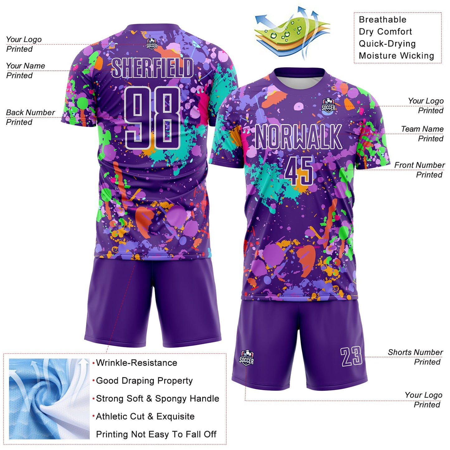 Custom Graffiti Pattern Purple-White Paint Splatter Sublimation Soccer Uniform Jersey view 4