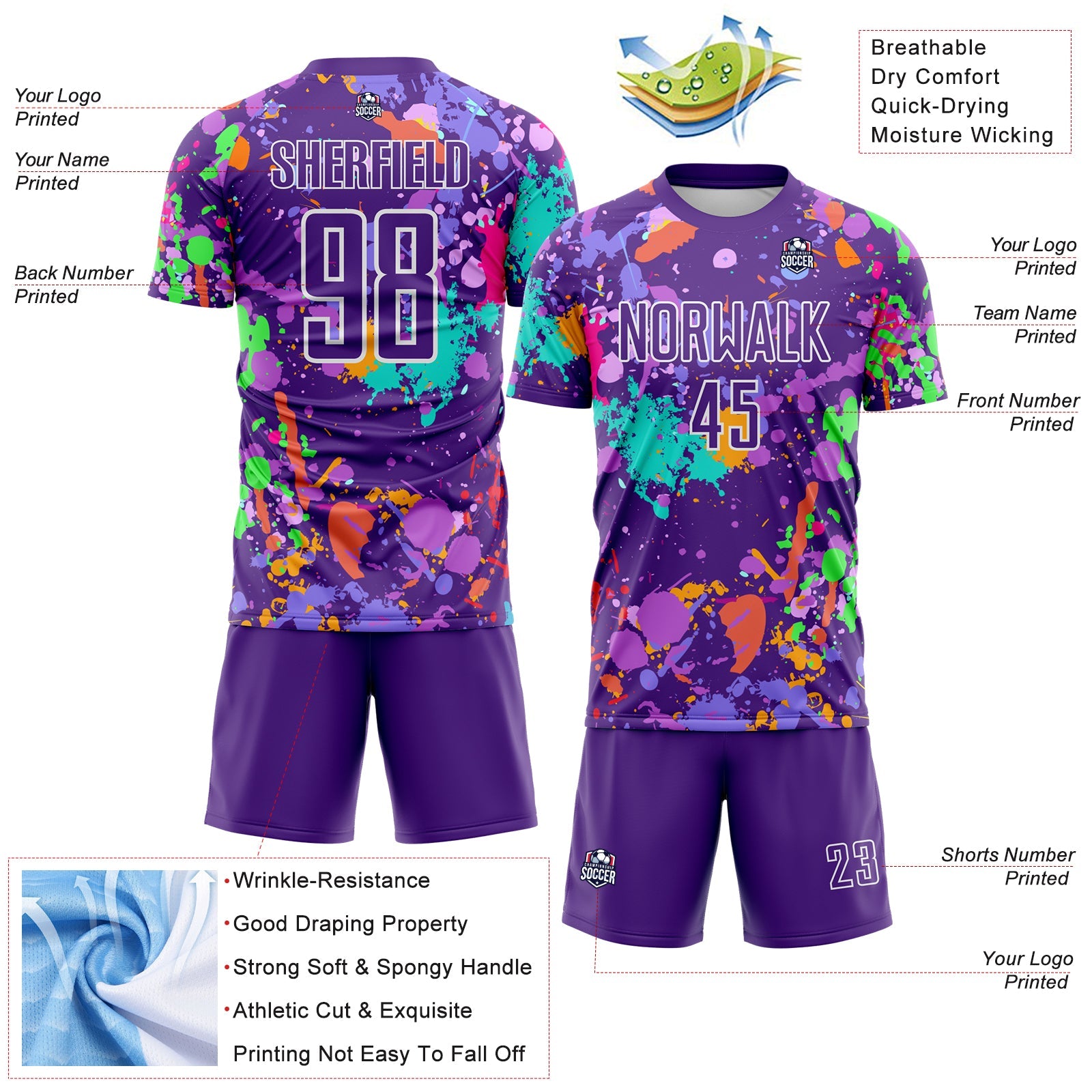 Custom Graffiti Pattern Purple-White Paint Splatter Sublimation Soccer Uniform Jersey view 4