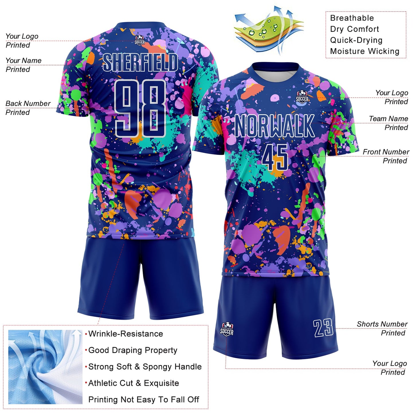 Custom Graffiti Pattern Royal-White Paint Splatter Sublimation Soccer Uniform Jersey view 4