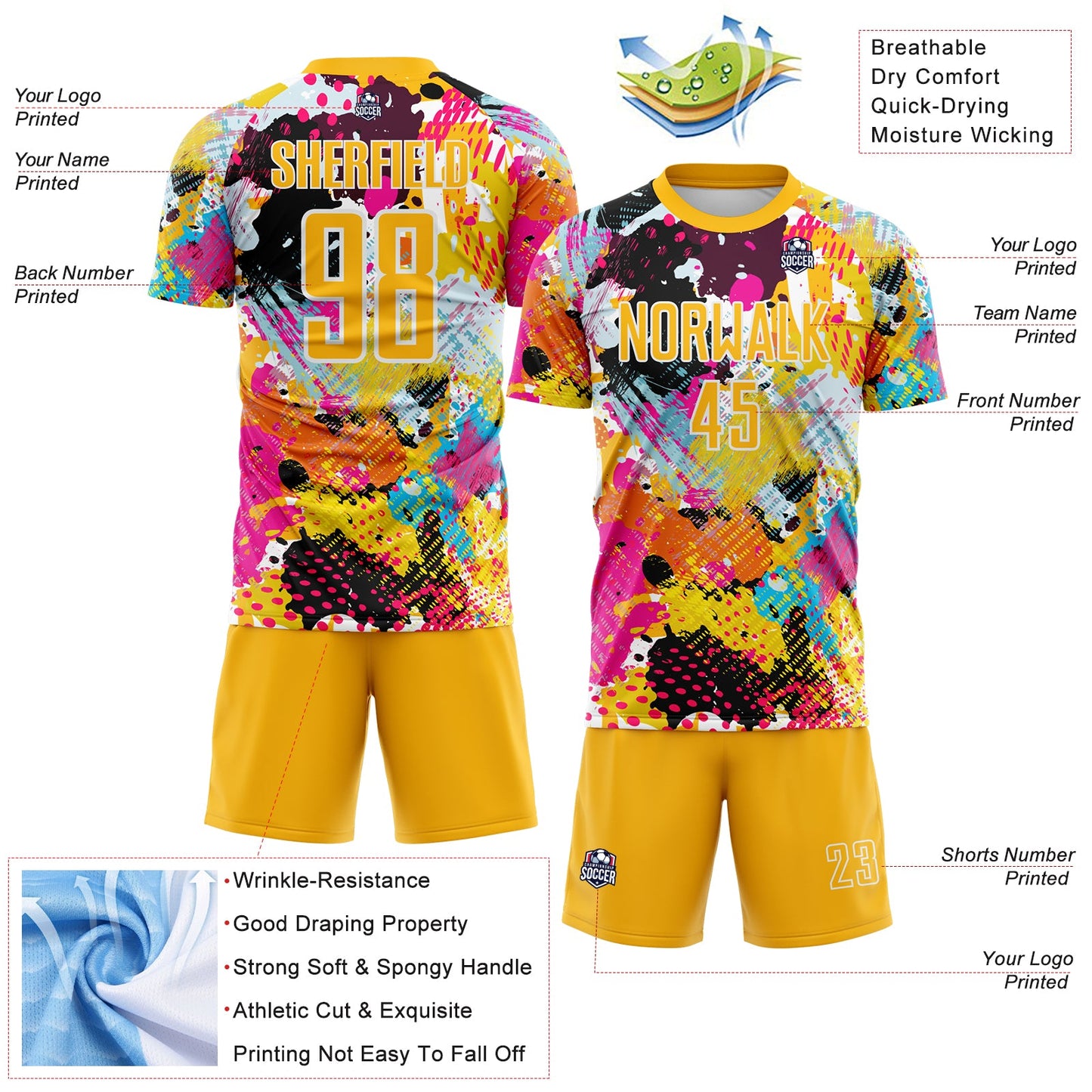 Custom Graffiti Pattern Gold-White Paint Splatter Sublimation Soccer Uniform Jersey view 4