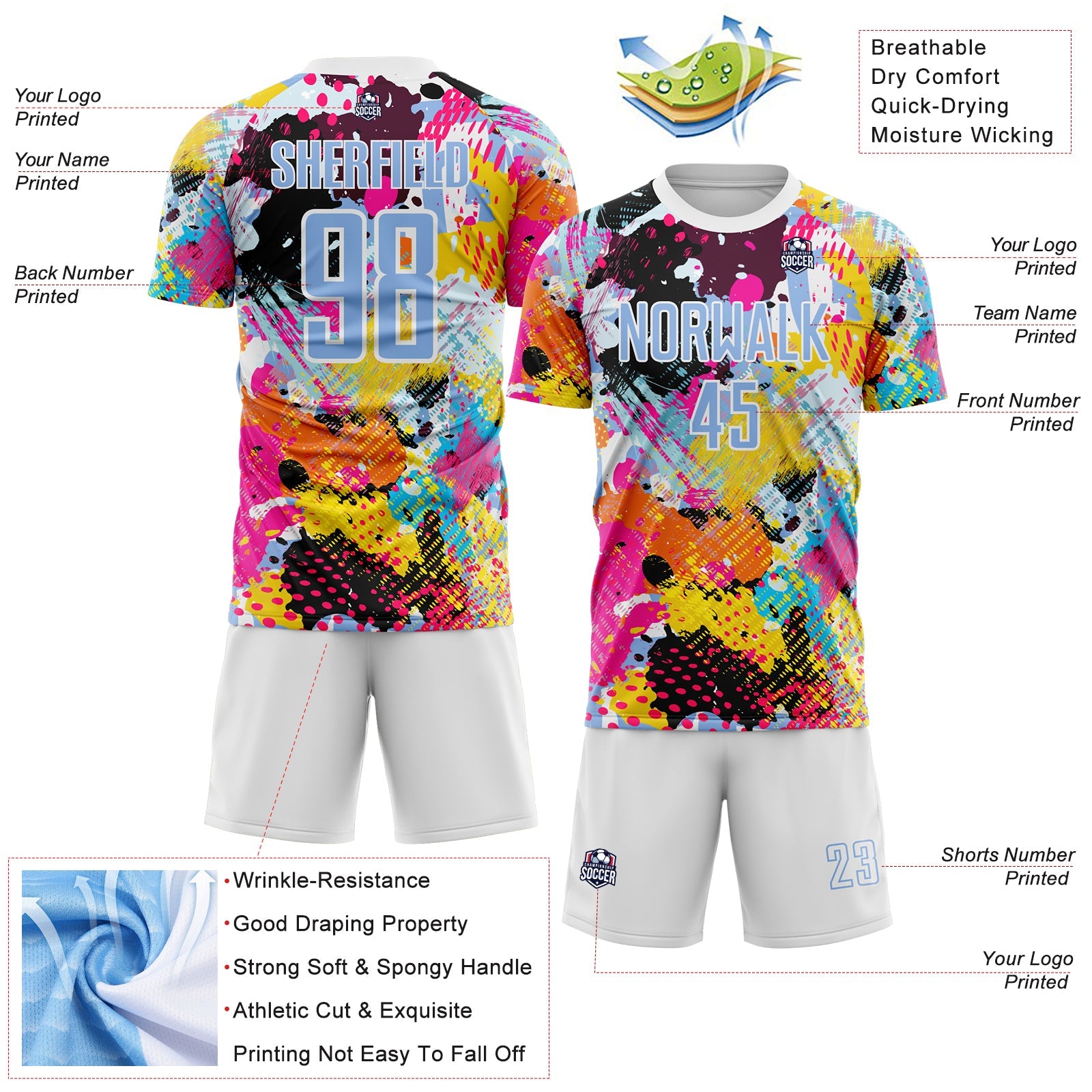 Custom Graffiti Pattern Light Blue-White Paint Splatter Sublimation Soccer Uniform Jersey view 4