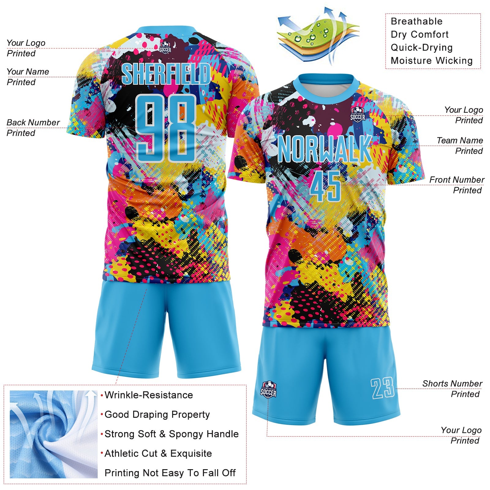 Custom Graffiti Pattern Sky Blue-White Paint Splatter Sublimation Soccer Uniform Jersey view 4