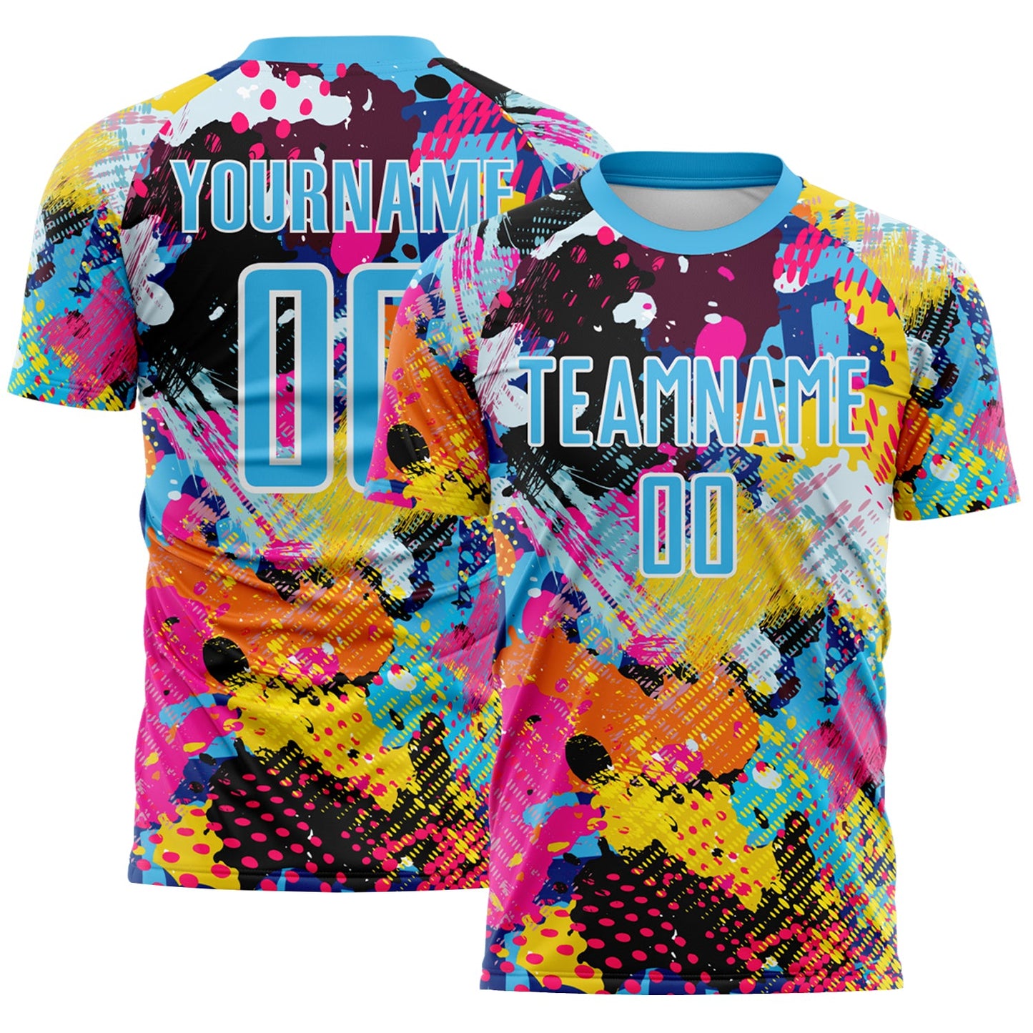 Custom Graffiti Pattern Sky Blue-White Paint Splatter Sublimation Soccer Uniform Jersey - Main View