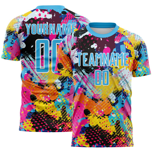 Custom Graffiti Pattern Sky Blue-White Paint Splatter Sublimation Soccer Uniform Jersey - Main View