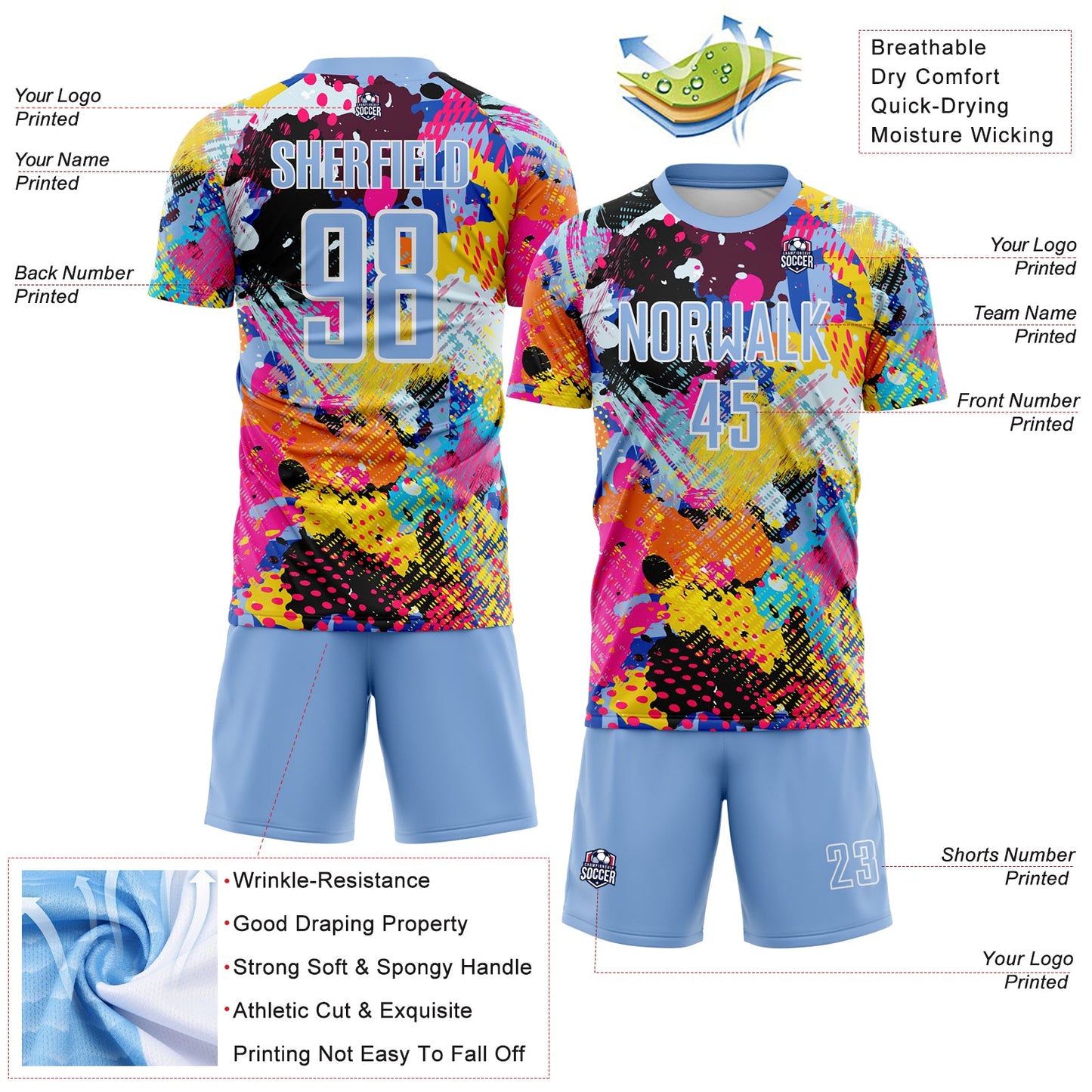 Custom Graffiti Pattern Light Blue-White Paint Splatter Sublimation Soccer Uniform Jersey view 4