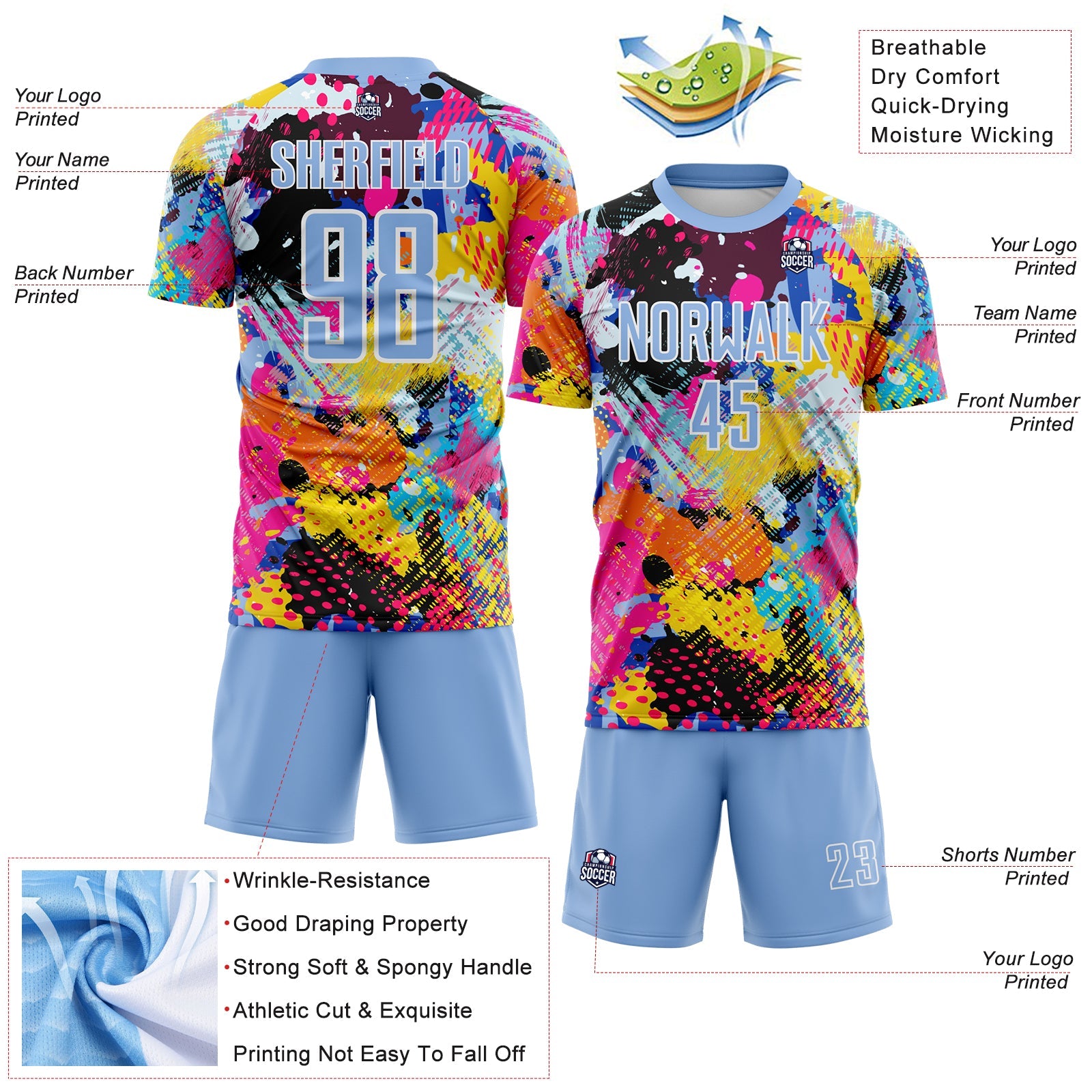 Custom Graffiti Pattern Light Blue-White Paint Splatter Sublimation Soccer Uniform Jersey view 4