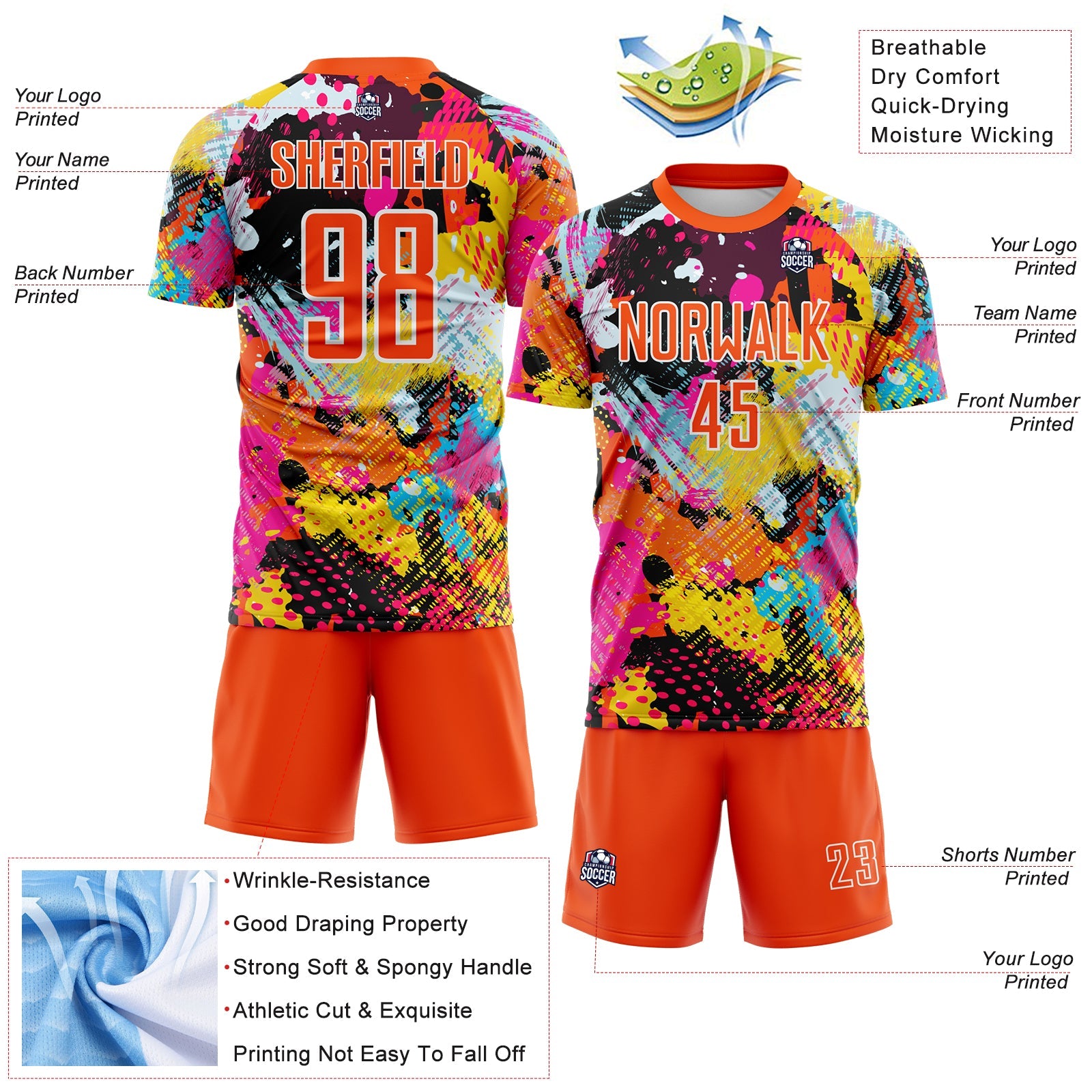 Custom Graffiti Pattern Orange-White Paint Splatter Sublimation Soccer Uniform Jersey view 4