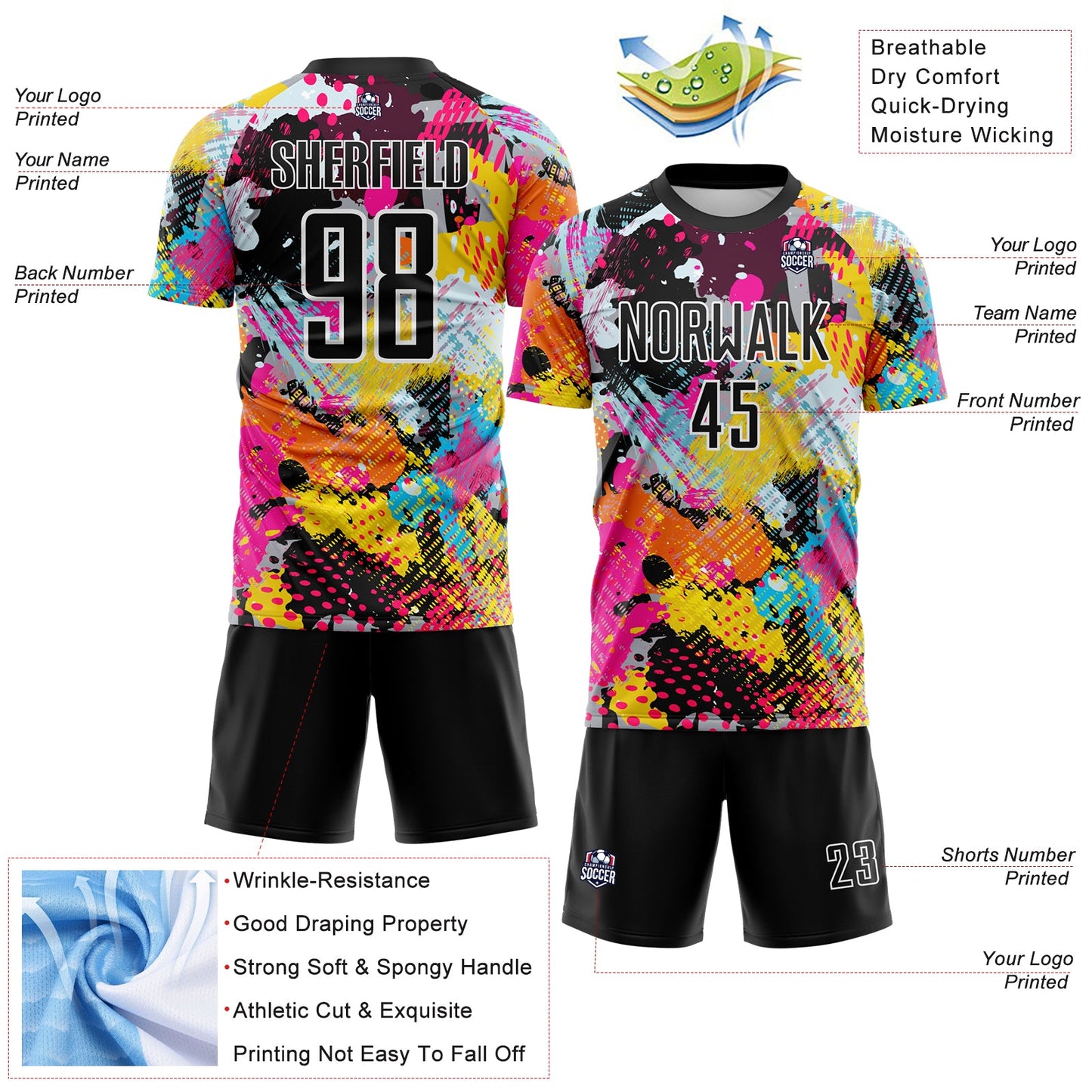 Custom Graffiti Pattern Black White-Panther Blue Paint Splatter Sublimation Soccer Uniform Jersey view 4