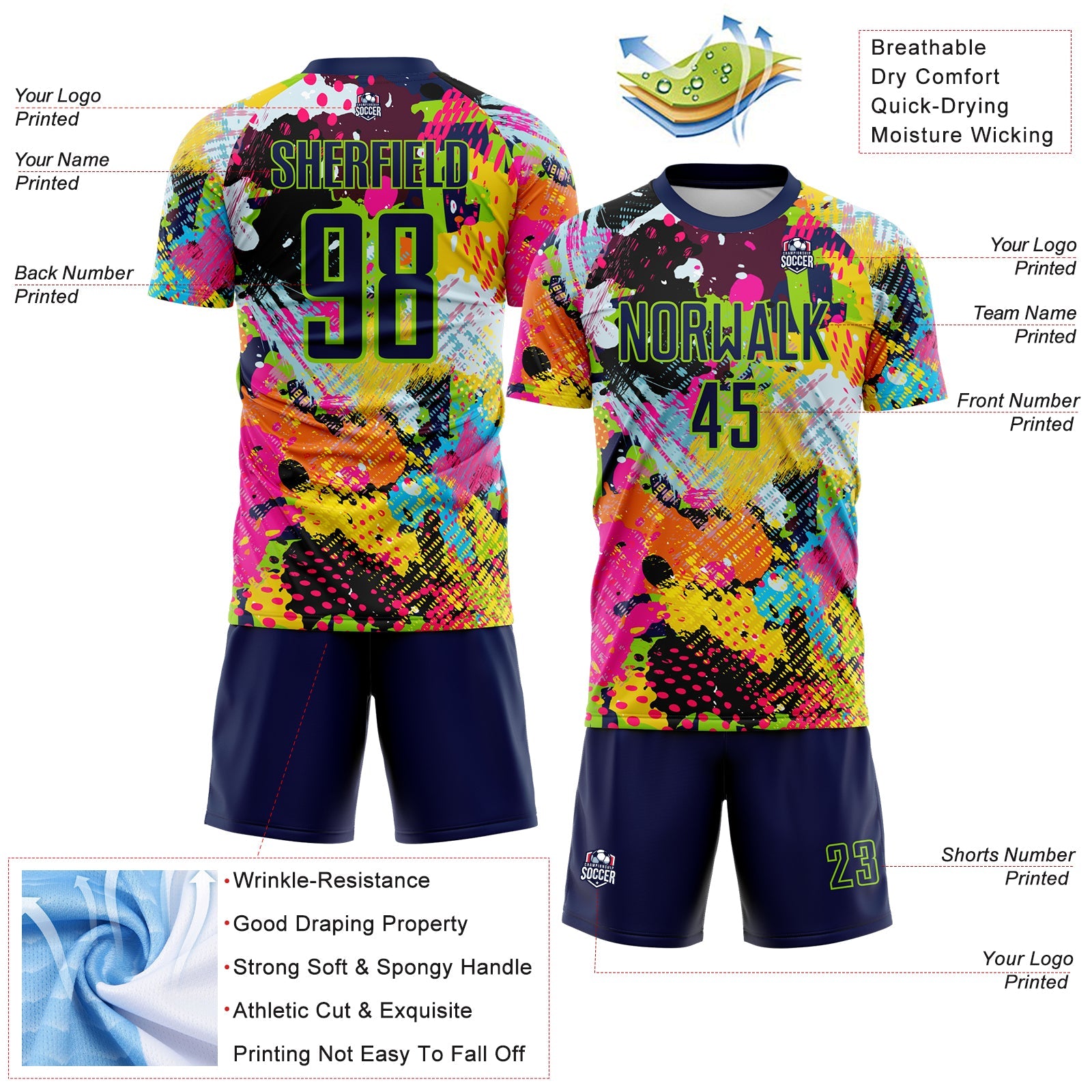 Custom Graffiti Pattern Navy-Neon Green Paint Splatter Sublimation Soccer Uniform Jersey view 4