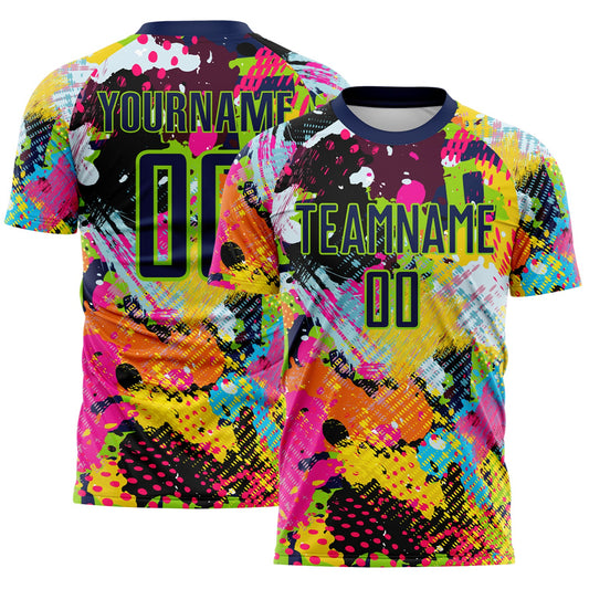 Custom Graffiti Pattern Navy-Neon Green Paint Splatter Sublimation Soccer Uniform Jersey - Main View