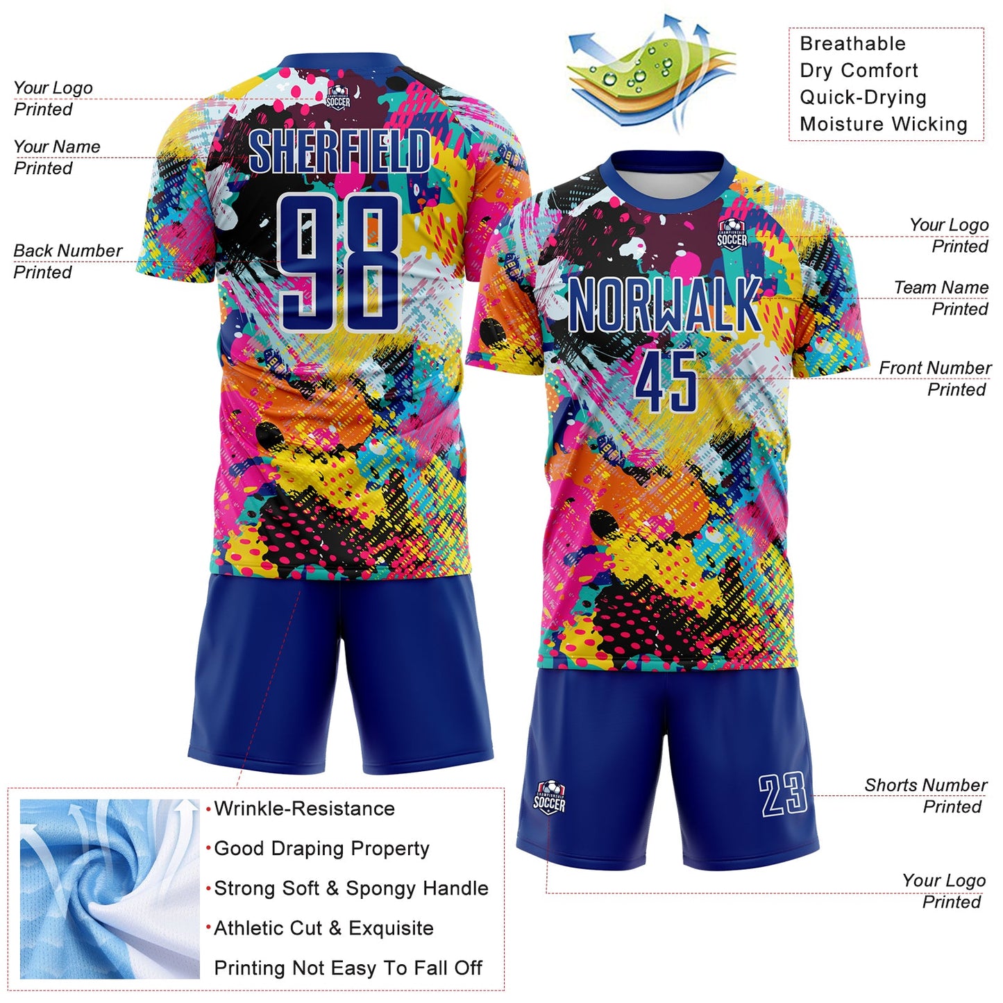 Custom Graffiti Pattern Royal-White Paint Splatter Sublimation Soccer Uniform Jersey view 4