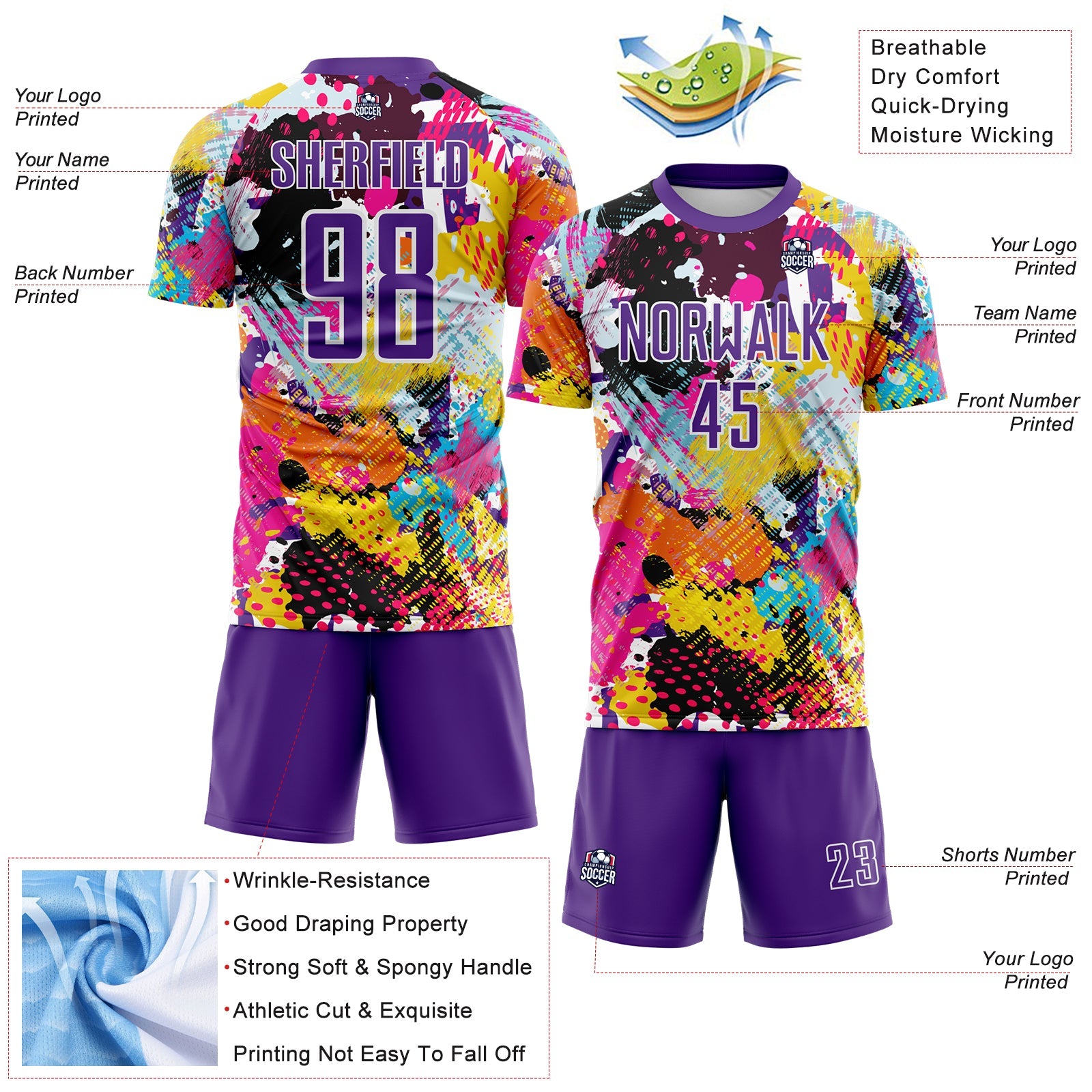 Custom Graffiti Pattern Purple-White Paint Splatter Sublimation Soccer Uniform Jersey view 4