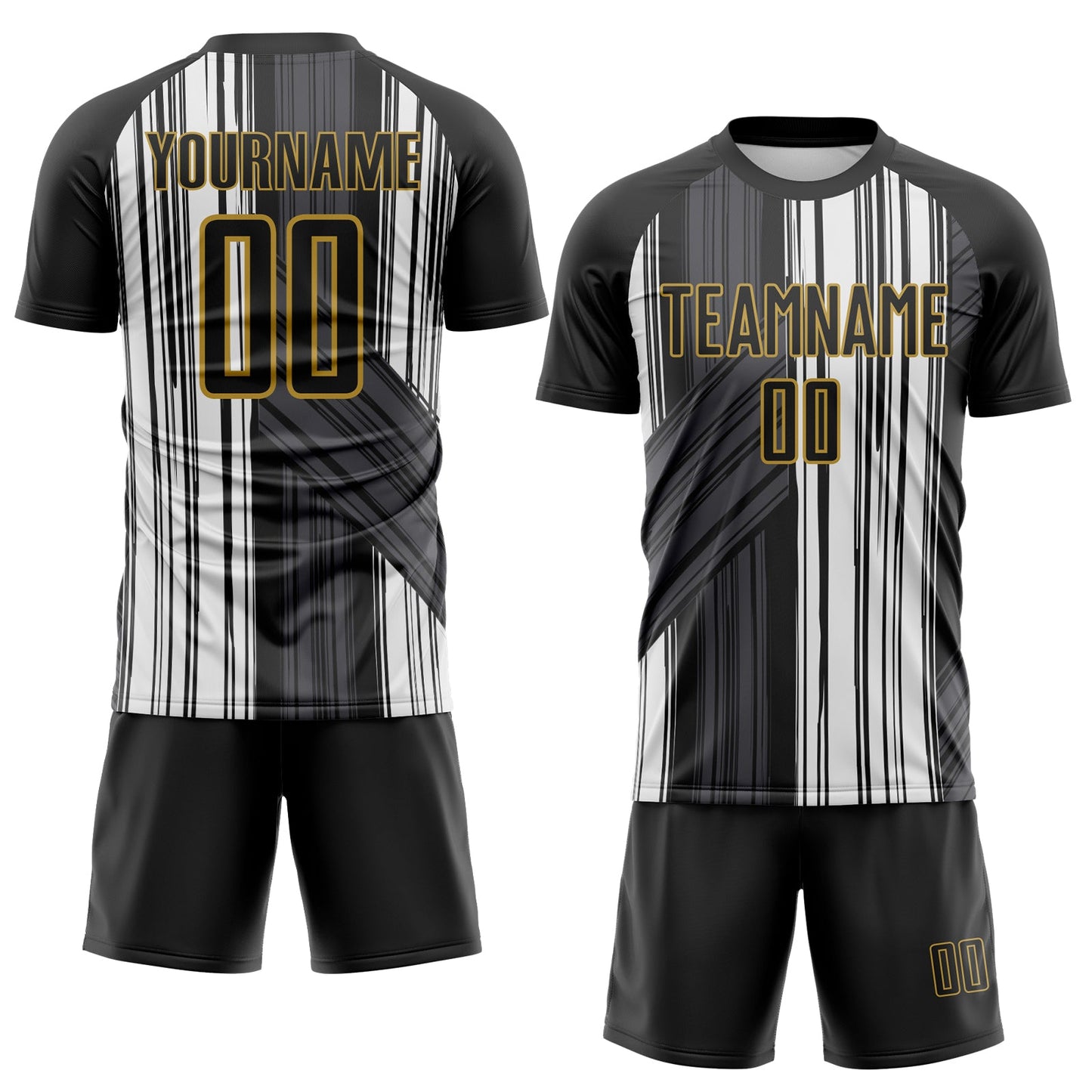 Custom Black White-Old Gold Brush Stroke Fluid Stripes Sublimation Soccer Uniform Jersey view 2