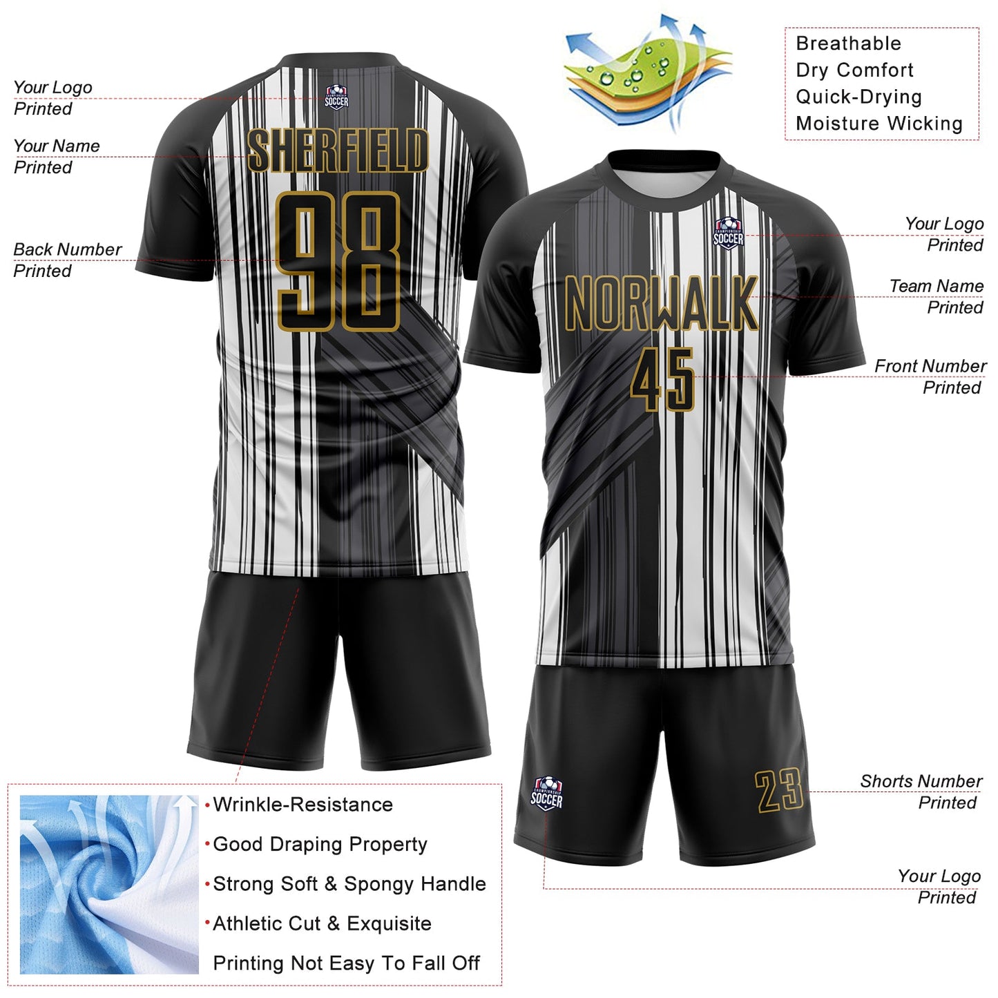 Custom Black White-Old Gold Brush Stroke Fluid Stripes Sublimation Soccer Uniform Jersey view 4