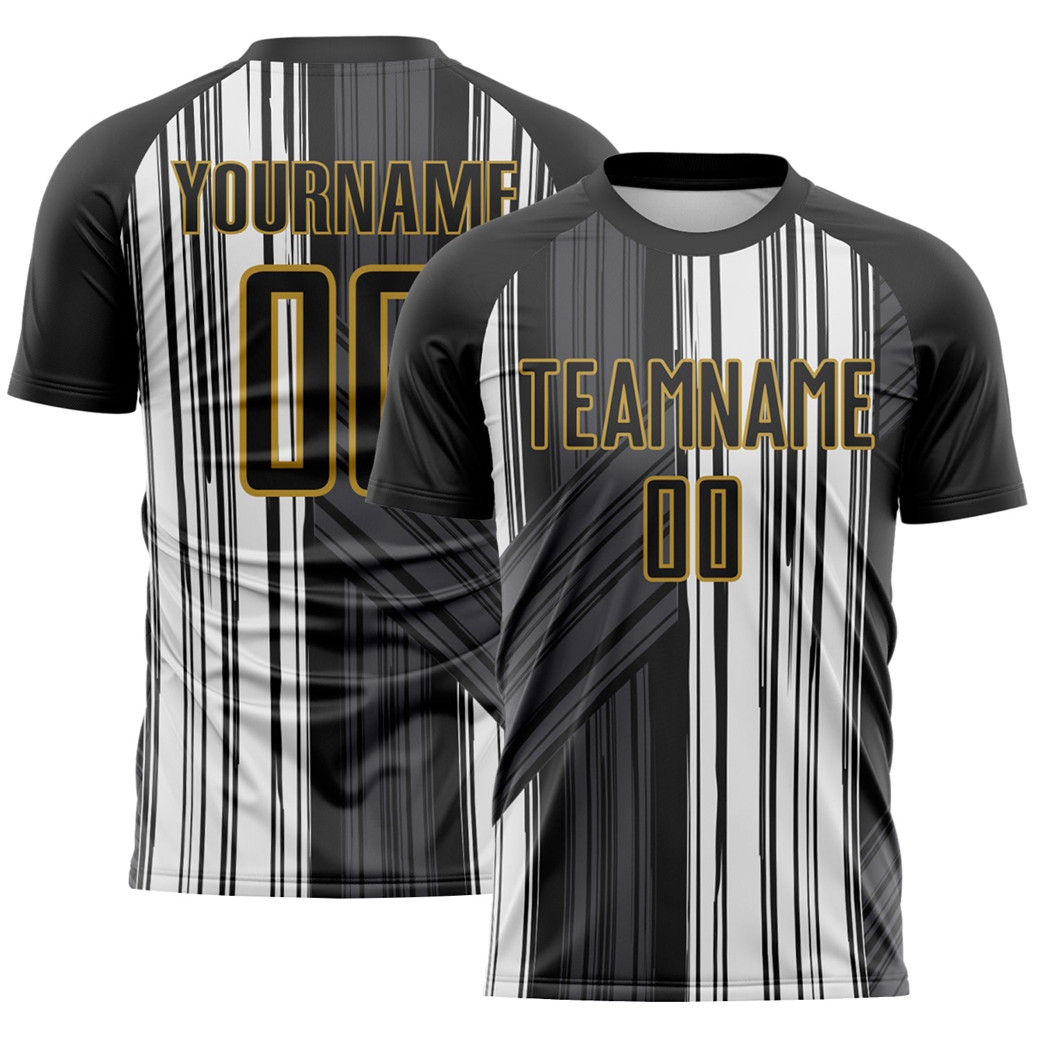 Custom Black White-Old Gold Brush Stroke Fluid Stripes Sublimation Soccer Uniform Jersey - Main View
