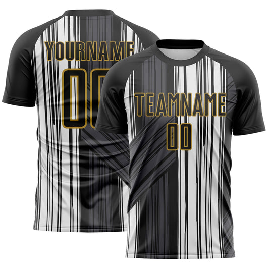 Custom Black White-Old Gold Brush Stroke Fluid Stripes Sublimation Soccer Uniform Jersey - Main View