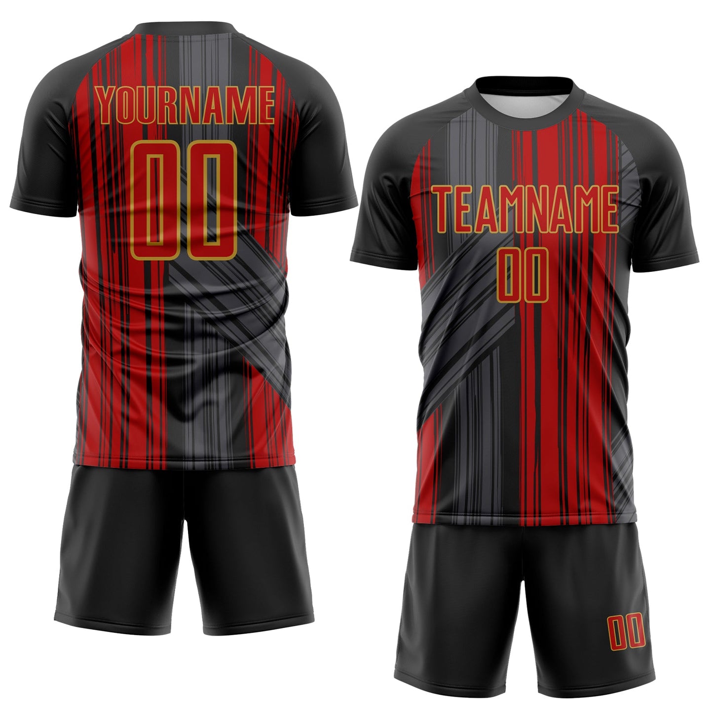 Custom Black Red-Old Gold Brush Stroke Fluid Stripes Sublimation Soccer Uniform Jersey view 2