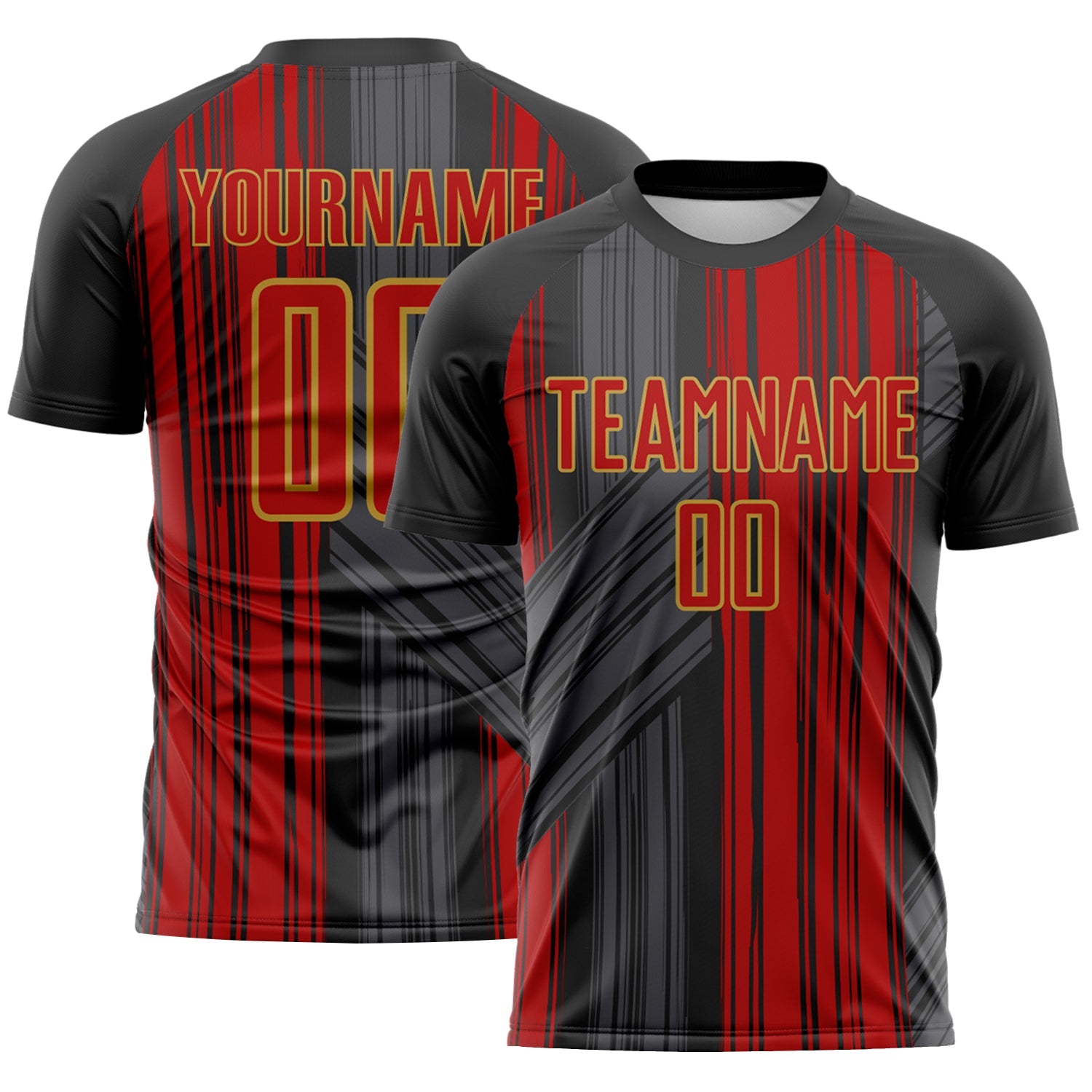 Custom Black Red-Old Gold Brush Stroke Fluid Stripes Sublimation Soccer Uniform Jersey - Main View