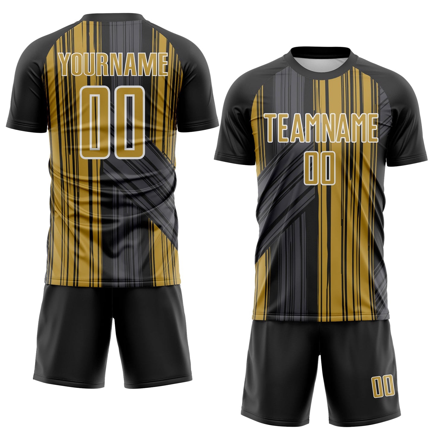 Custom Black Old Gold-White Brush Stroke Fluid Stripes Sublimation Soccer Uniform Jersey view 2