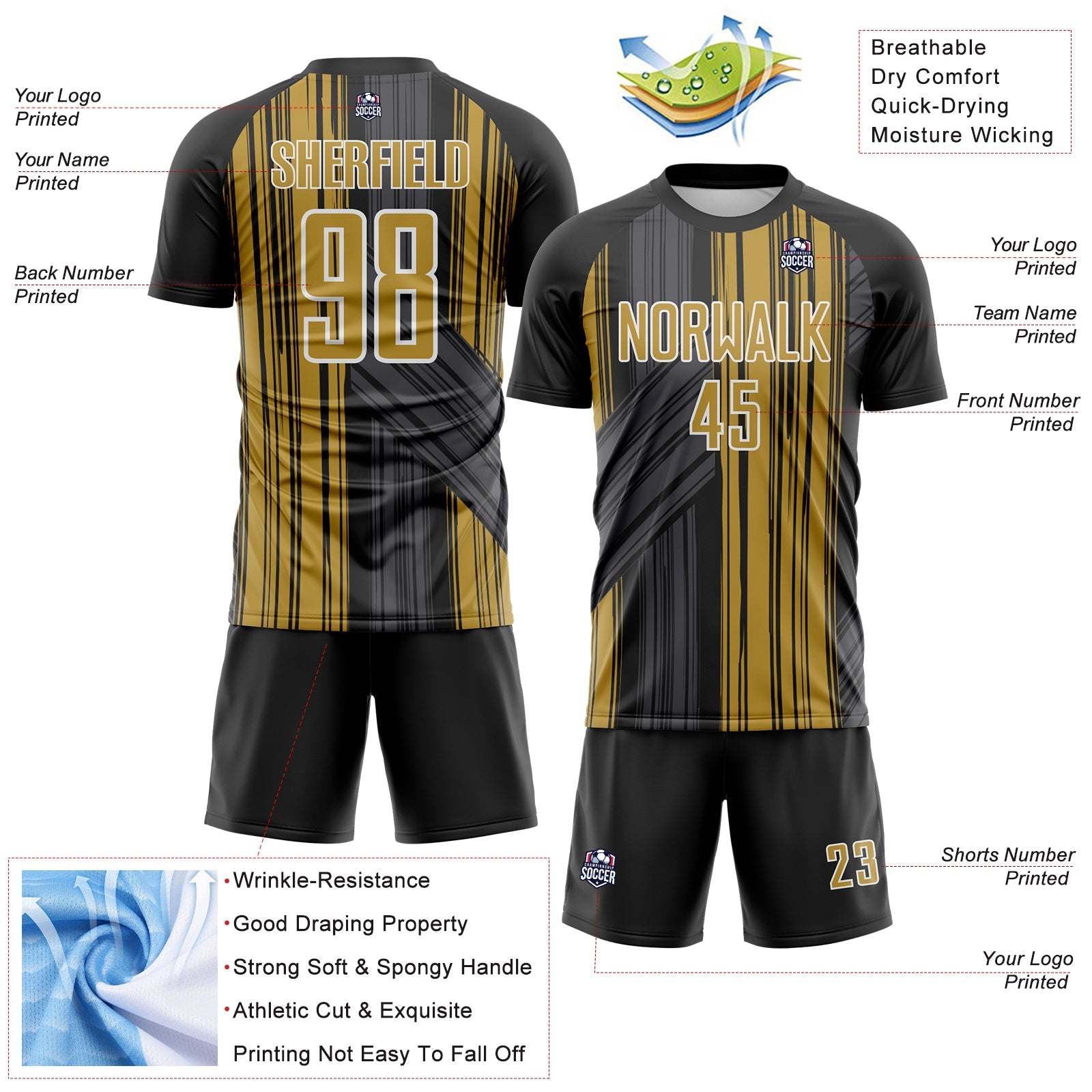 Custom Black Old Gold-White Brush Stroke Fluid Stripes Sublimation Soccer Uniform Jersey view 4