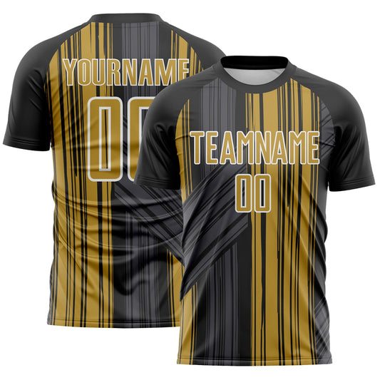 Custom Black Old Gold-White Brush Stroke Fluid Stripes Sublimation Soccer Uniform Jersey - Main View