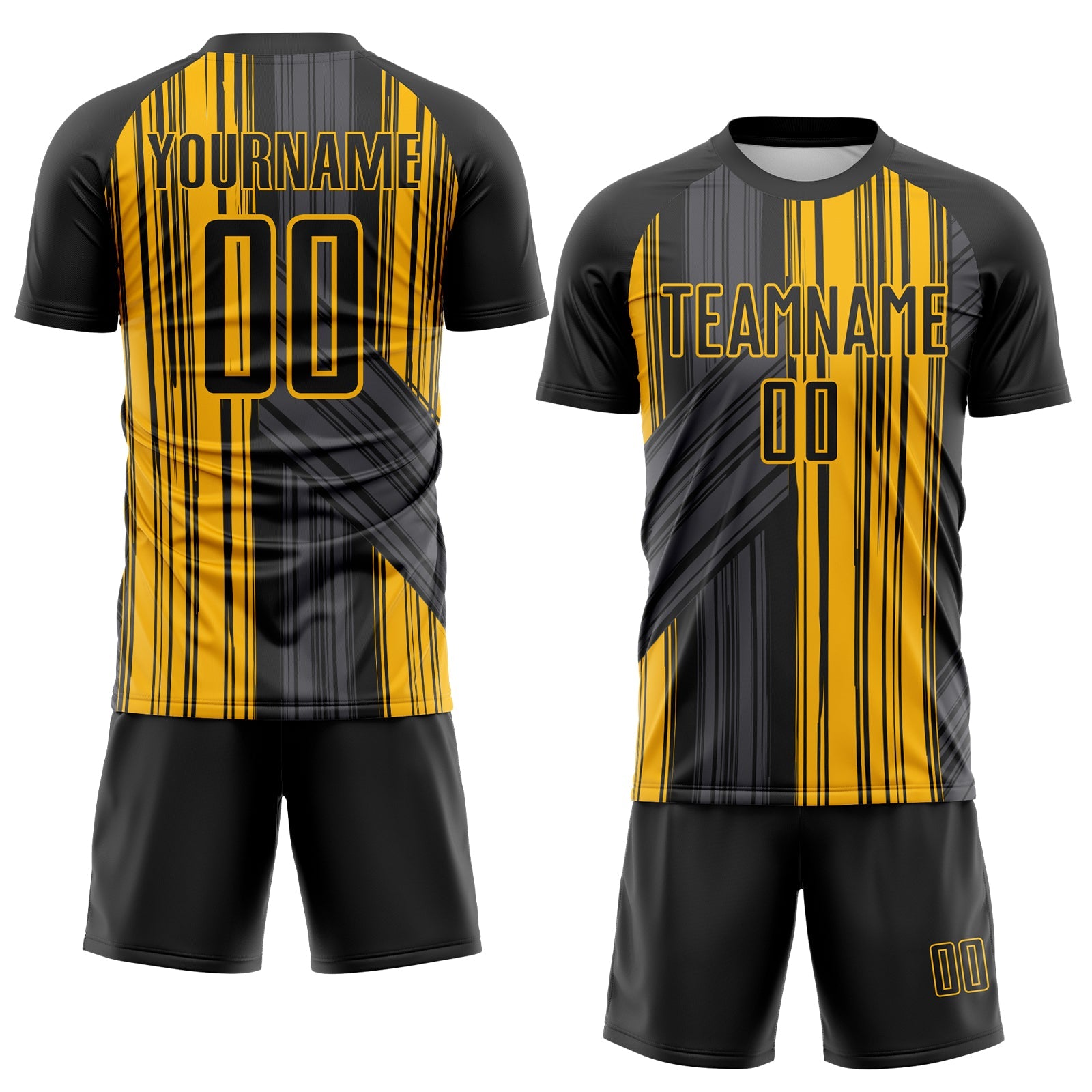 Custom Black-Gold Brush Stroke Fluid Stripes Sublimation Soccer Uniform Jersey view 2
