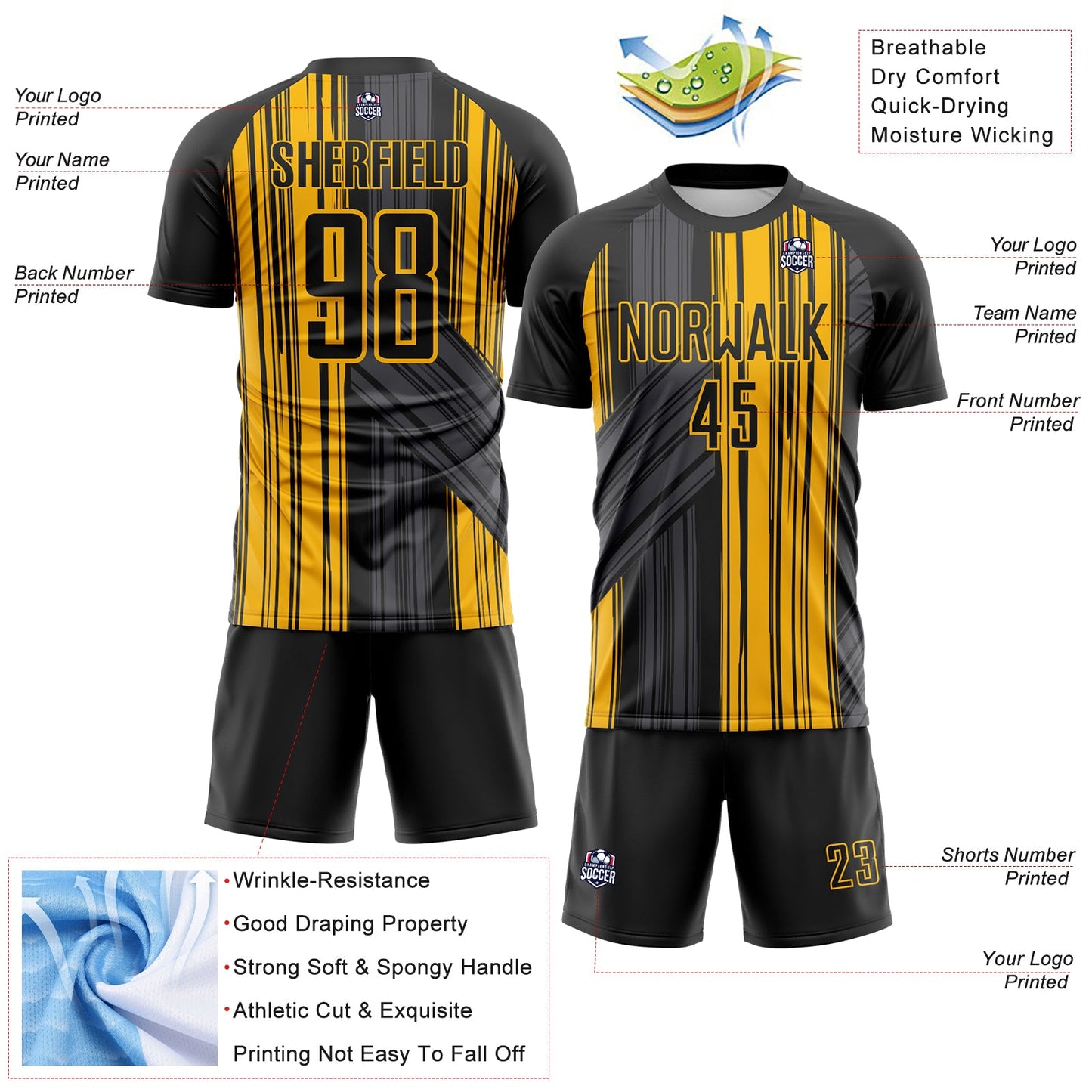 Custom Black-Gold Brush Stroke Fluid Stripes Sublimation Soccer Uniform Jersey view 4