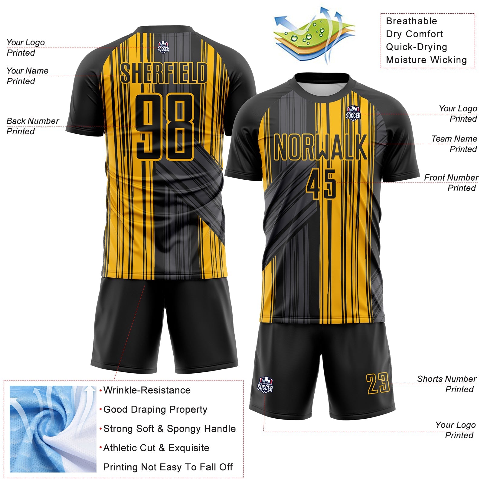 Custom Black-Gold Brush Stroke Fluid Stripes Sublimation Soccer Uniform Jersey view 4