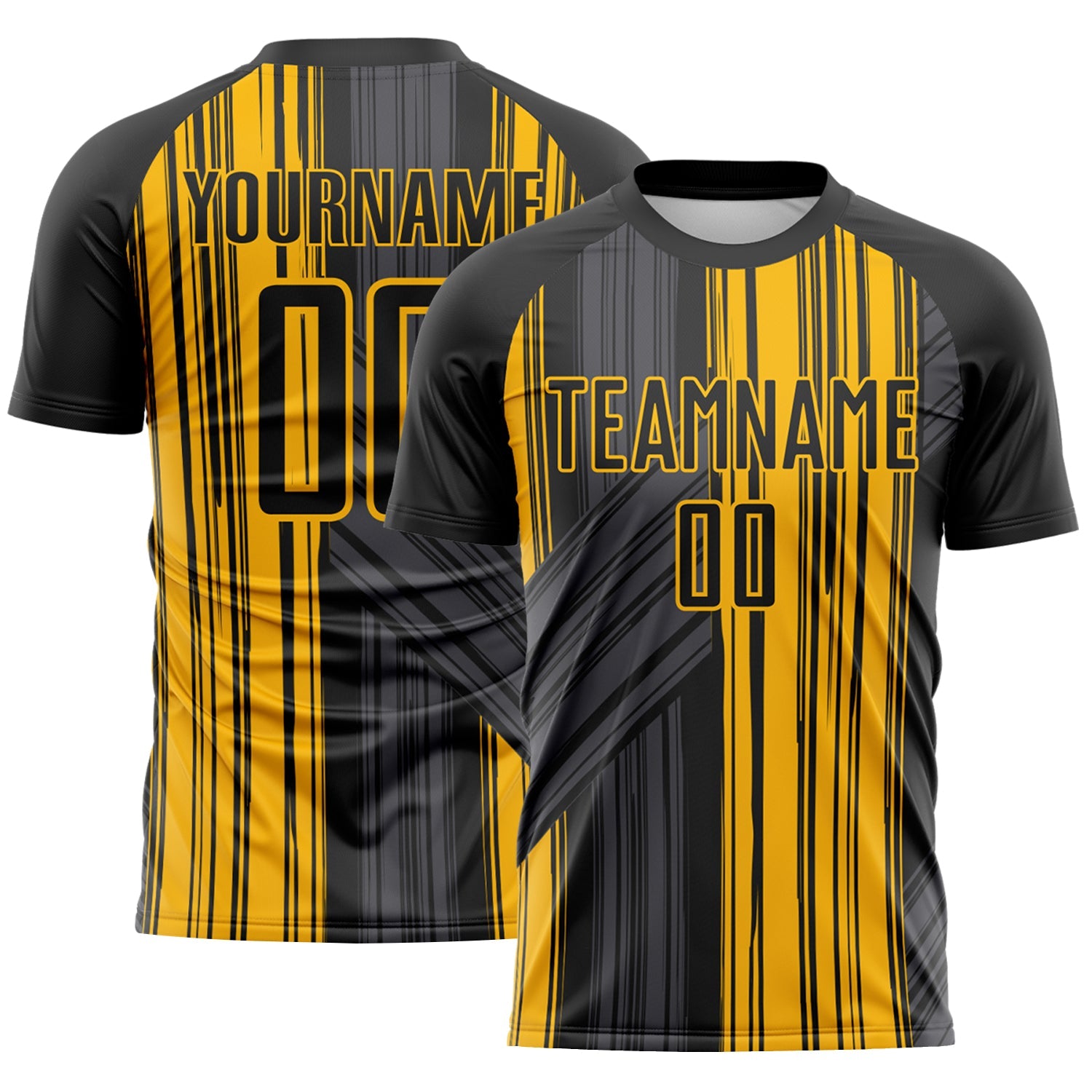 Custom Black-Gold Brush Stroke Fluid Stripes Sublimation Soccer Uniform Jersey - Main View