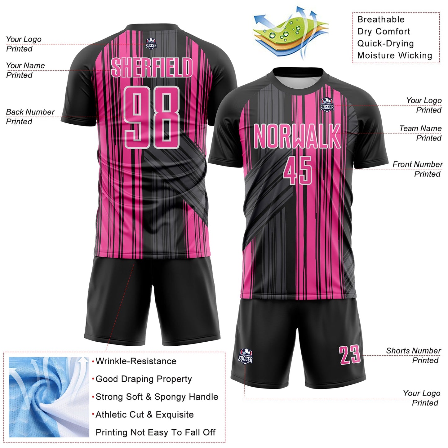 Custom Black Pink-White Brush Stroke Fluid Stripes Sublimation Soccer Uniform Jersey view 4