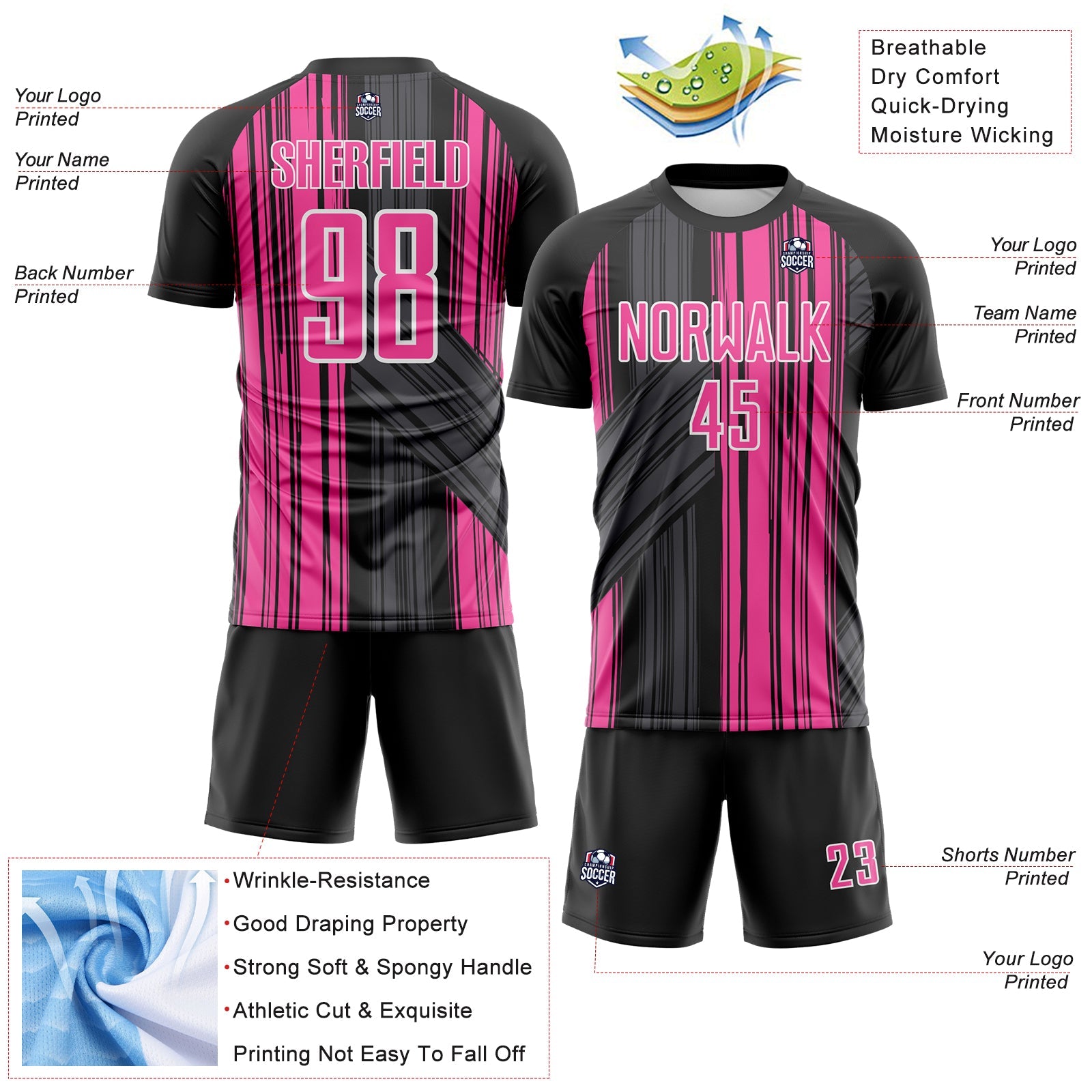 Custom Black Pink-White Brush Stroke Fluid Stripes Sublimation Soccer Uniform Jersey view 4