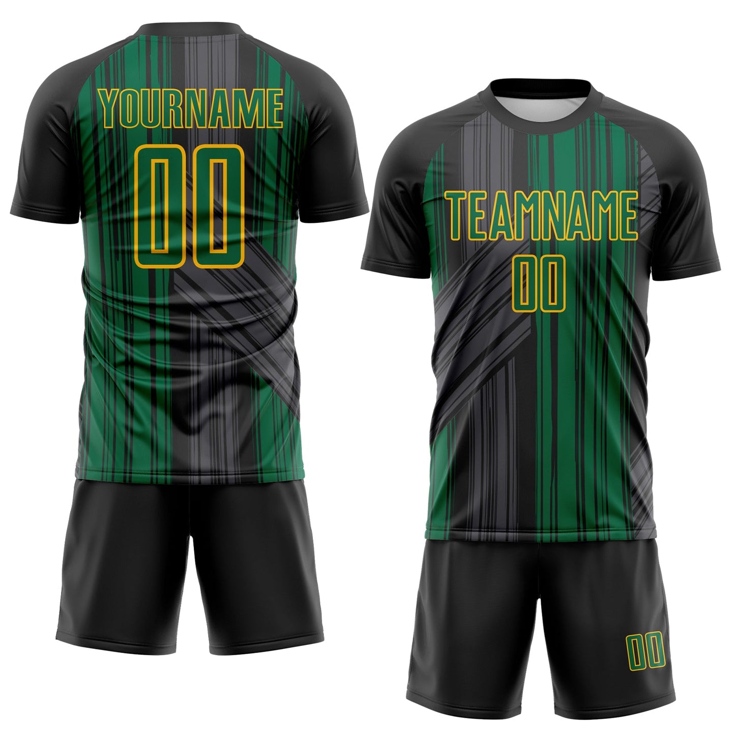 Custom Black Kelly Green-Gold Brush Stroke Fluid Stripes Sublimation Soccer Uniform Jersey view 2