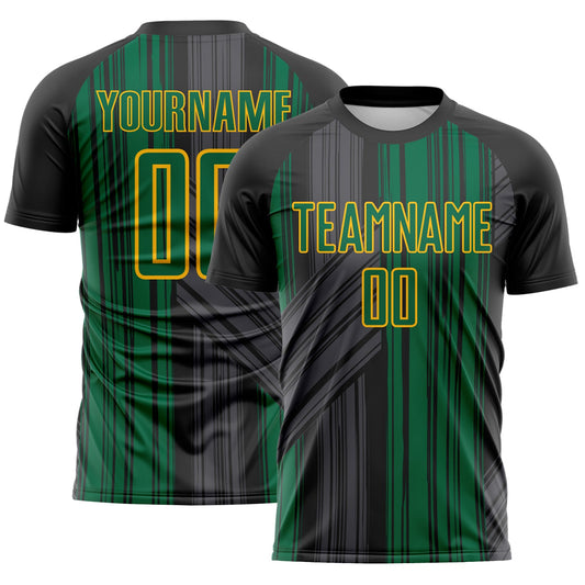Custom Black Kelly Green-Gold Brush Stroke Fluid Stripes Sublimation Soccer Uniform Jersey - Main View
