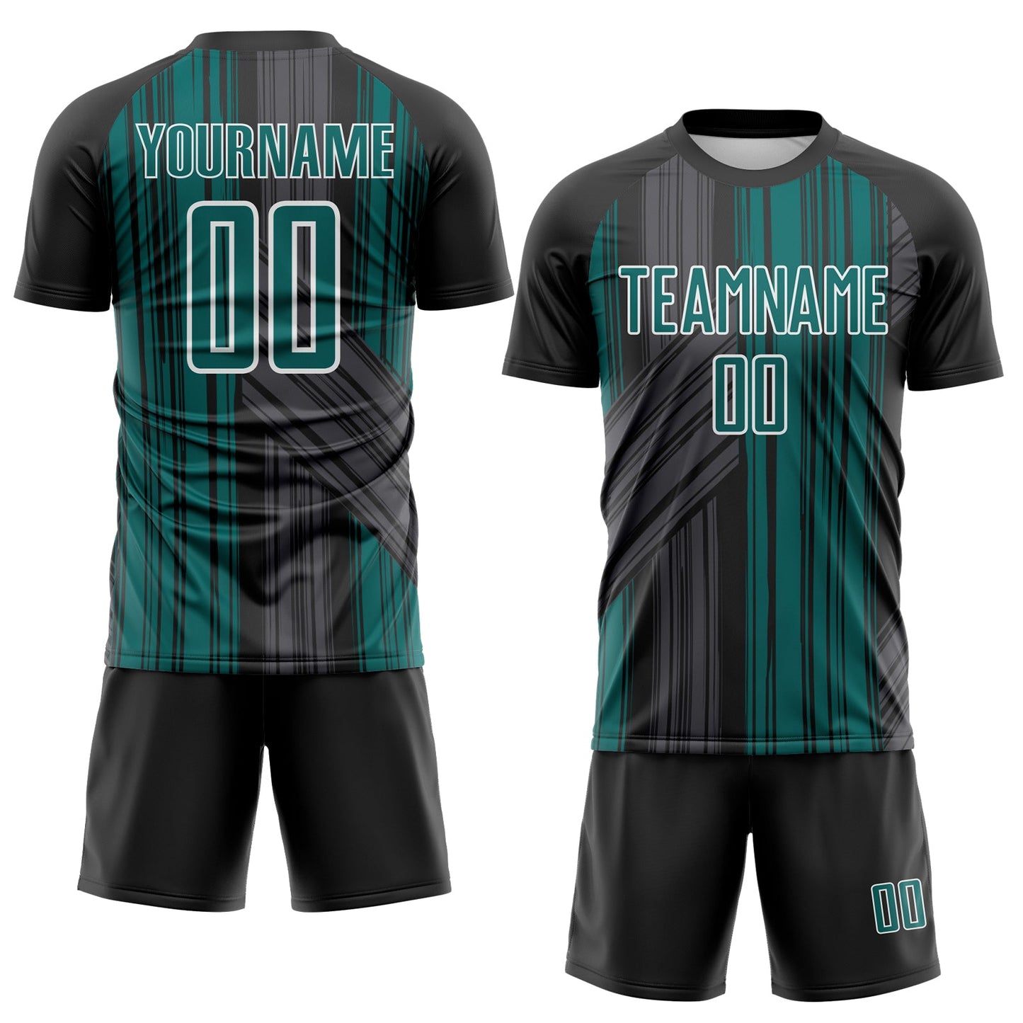Custom Black Teal-White Brush Stroke Fluid Stripes Sublimation Soccer Uniform Jersey view 2