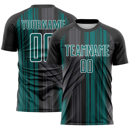 Custom Black Teal-White Brush Stroke Fluid Stripes Sublimation Soccer Uniform Jersey - Main View