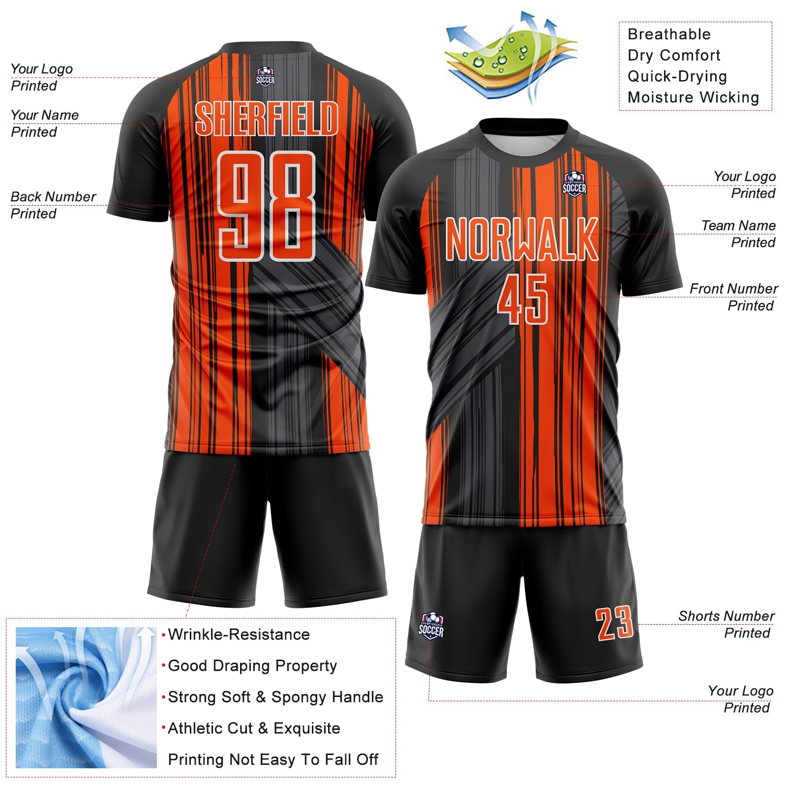 Custom Black Orange-White Brush Stroke Fluid Stripes Sublimation Soccer Uniform Jersey view 4