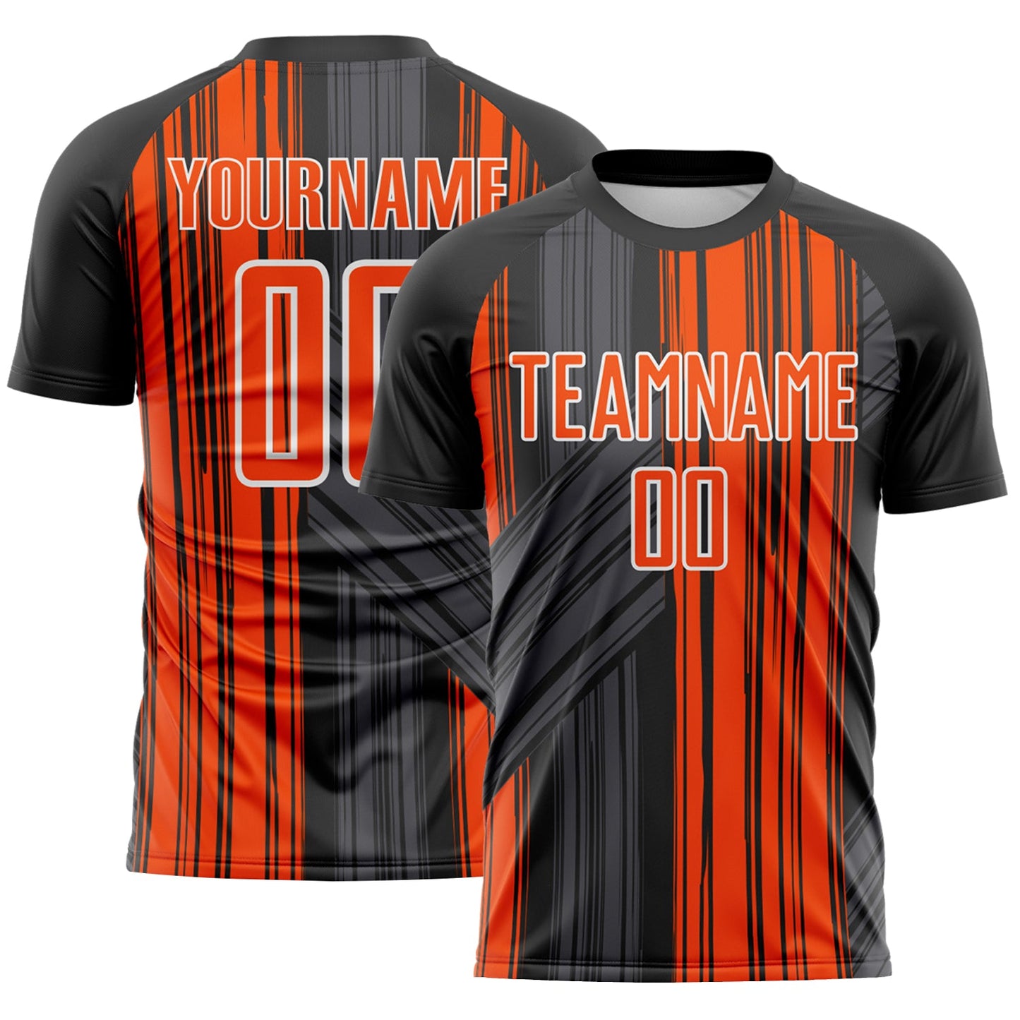 Custom Black Orange-White Brush Stroke Fluid Stripes Sublimation Soccer Uniform Jersey - Main View