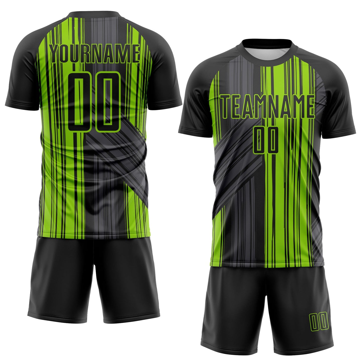 Custom Black-Neon Green Brush Stroke Fluid Stripes Sublimation Soccer Uniform Jersey view 2