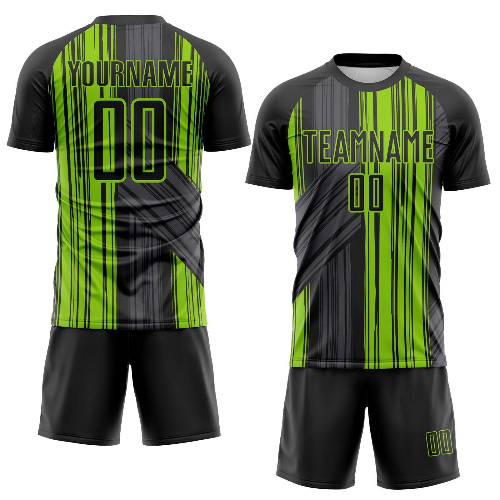Custom Black-Neon Green Brush Stroke Fluid Stripes Sublimation Soccer Uniform Jersey view 2