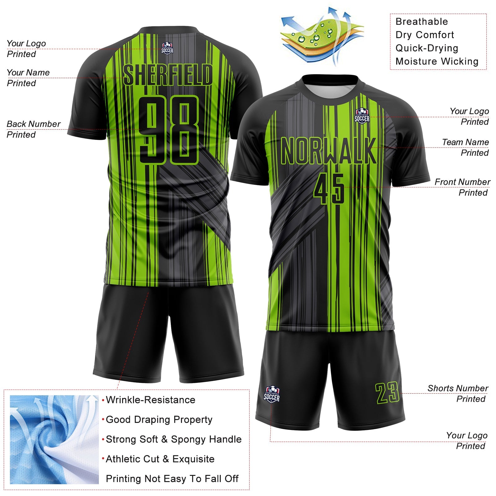 Custom Black-Neon Green Brush Stroke Fluid Stripes Sublimation Soccer Uniform Jersey view 4