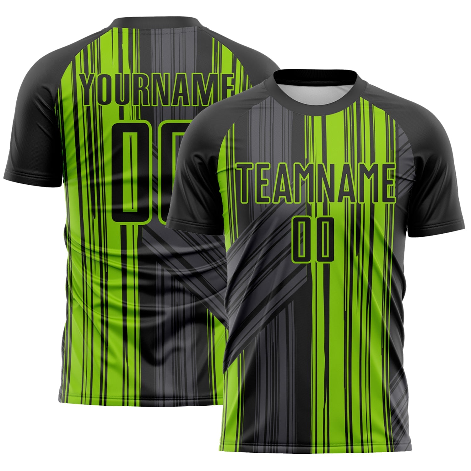 Custom Black-Neon Green Brush Stroke Fluid Stripes Sublimation Soccer Uniform Jersey - Main View