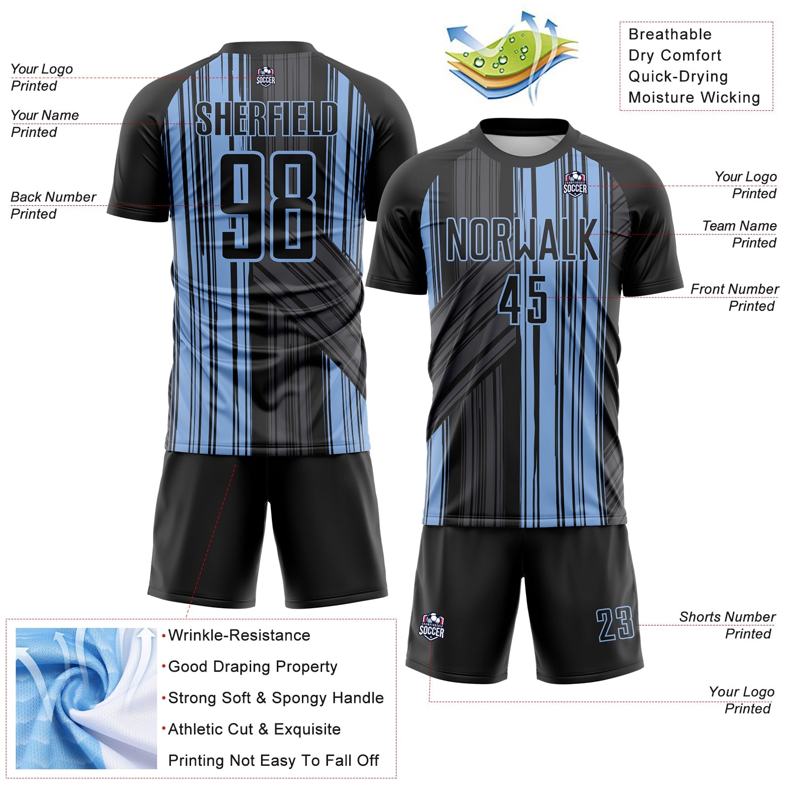 Custom Black-Light Blue Brush Stroke Fluid Stripes Sublimation Soccer Uniform Jersey view 4