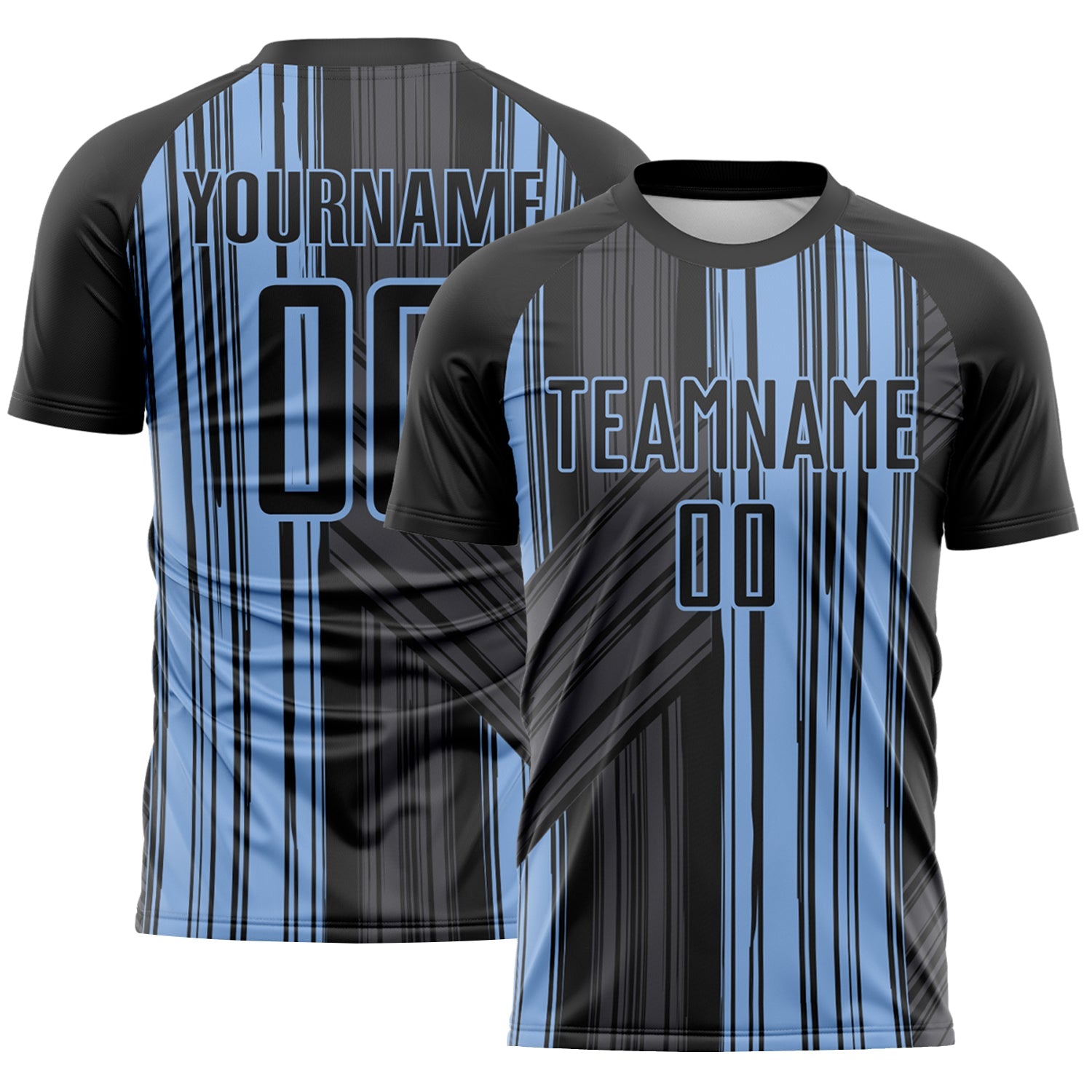 Custom Black-Light Blue Brush Stroke Fluid Stripes Sublimation Soccer Uniform Jersey - Main View