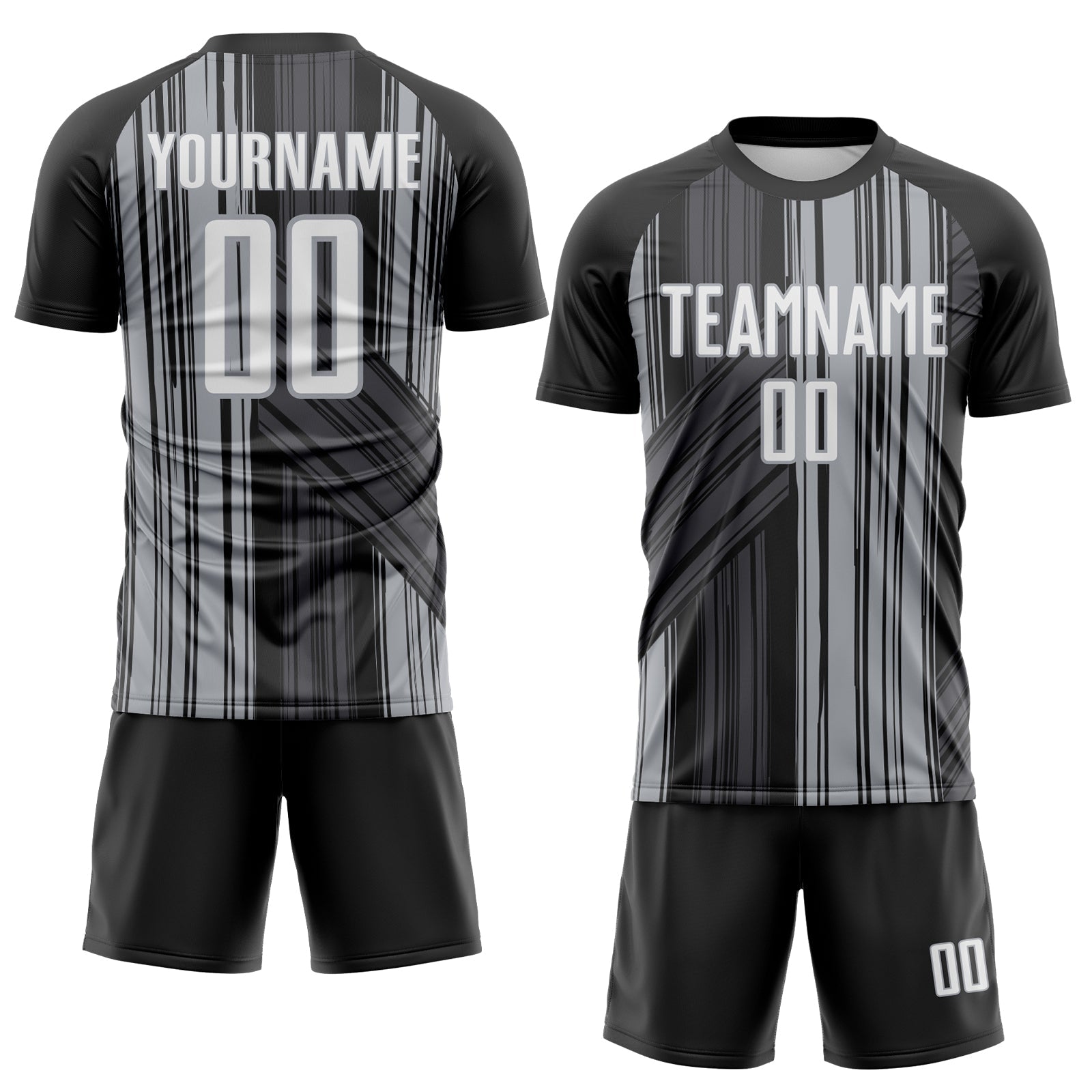 Custom Black White-Gray Brush Stroke Fluid Stripes Sublimation Soccer Uniform Jersey view 2