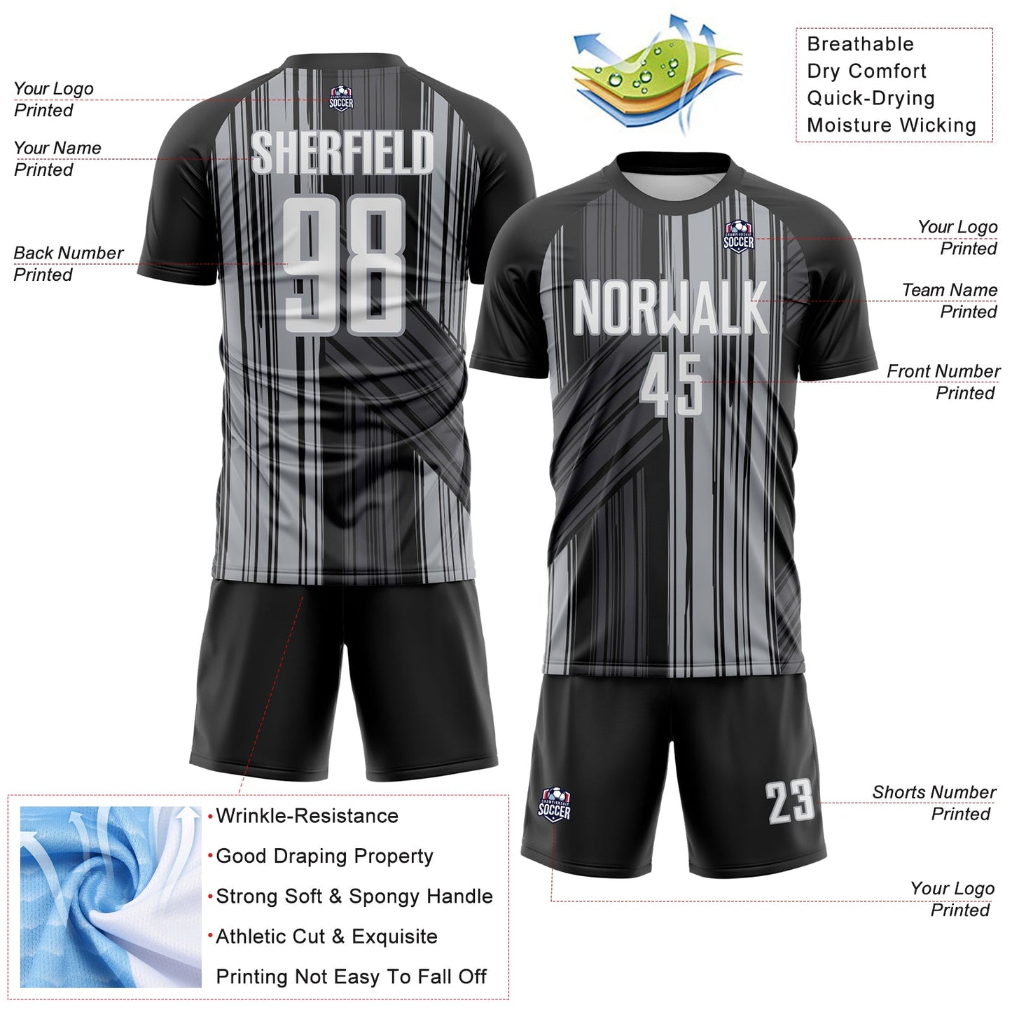 Custom Black White-Gray Brush Stroke Fluid Stripes Sublimation Soccer Uniform Jersey view 4
