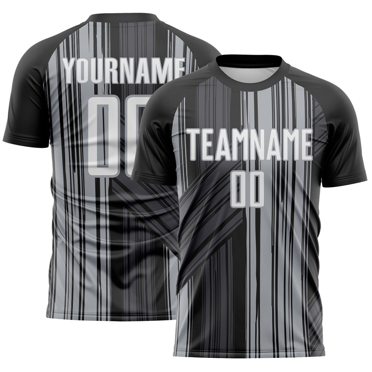 Custom Black White-Gray Brush Stroke Fluid Stripes Sublimation Soccer Uniform Jersey - Main View