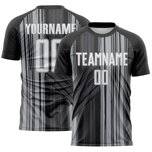 Custom Black White-Gray Brush Stroke Fluid Stripes Sublimation Soccer Uniform Jersey - Main View